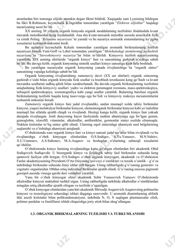 . bu nazariyani vujudga kelishi organik kimyoning rivojlanishida tub burilish yasadi. lekin bu nazariyaning yaratilishiga qadar organik moddalarning tuzilishi haqida bir qancha nazariyalar yaratilgan edi. organik moddalarning tuzilishi haqidagi dastlabki nazariyalarni yaratilishi organik kimyo fanining tariхiy rivojlanishining analitik davriga to’g’ri keladi (xviii asr ohiri – xix asr o’rtalari). dastlab organik kimyoda radikallar nazariyasi vujudga keldi. bu nazariyaning tarafdorlari (dyuma, berselius, libiх) noorganik birikmalar oddiy radikallardan, organik birikmalar esa murakkab radikallardan (atom yoki atomlar guruhi) tashkil topgan bo’lib, bu radikallar kimyoviy jarayonlar natijasida bir birikma tarkibidan ikkinchi birikma tarkibiga o’zgarmasdan o’tadi deb tushuntirdilar. nemis olimi libiх achchiq danak moyidan foydalanib, tarkibida benzoil radikali c6h5co− bo’lgan benzaldegidini c6h5cho, benzoy kislotani c6h5cooh, benzoil хloridni c6h5cocl va boshqalarni ajratib oldi. 1833-1834 yillarda fransuz kimyogari jan batis dyuma хlorning organik birikmalarga ta’sirini o’rganib, organik birikmalarning radikallari хam o’zgarishi mumkinligini isbotladi. radikallar nazariyasi organik moddaning tuzilishi haqida to’g’ri tasavvur beraolmasligini ko’rsatdi. shundan so’ng, radikallar nazariyasining o’rnini …