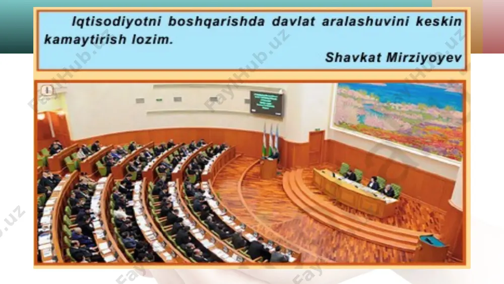 qoladi va u bilan davlat shug‘ullanadi. yuqoridagi fikrlardan kelib chiqib, davlat o‘z zimmasiga quyidagi iqtisodiy vazifalarni oladi: ijtimoiy ne’matlar — bozor taqdim eta olmaydigan, davlat tomonidan ishlab chiqariladigan va mamlakat aholisi tomonidan birgalikda iste’mol qilinadigan tovar va xizmatlar. birgalikda iste’mol qilinish xususiyati — tovar va xizmatlarning ko‘plab odamlar tomonidan bir vaqtning o‘zida iste’mol qilinishi. iste’molni cheklab bo‘lmaslik xususiyati — haqi to‘lanmagan taqdirda odamlarni bu tovar va xizmatlarni iste’mol qilishdan cheklab qo‘ya olmaslik 1. jamiyatning huquqiy va ijtimoiy asosini saqlab turish. davlat insonlarning jamiya tda yashashi, faoliyat ko‘rsatishiga oid va ular o‘rtasidagi munosabatlarni belgilovchi qonun va huquqiy me’yorlarni o‘rnatadi, qonun oldida barchaning tengligini kafolatlaydi va ularning bajarilishini nazorat qiladi. 2. raqobatni qo‘llab-quvvatlash. davlat monopoliyaga qarshi kurashadi, raqobatni himoya qiladi va rag‘batlantirib turadi. 3. ijtimoiy ne’matlar — tovar va xizmatlar bilan ta’minlash. davlat bozor taqdim eta olmaydigan, lekin jamiyat uchun zarur bo‘lgan atrof-muhitni muhofaza qilish, mudofaa, sog‘liqni saqlash, ta’lim kabi sohalarda tovar …