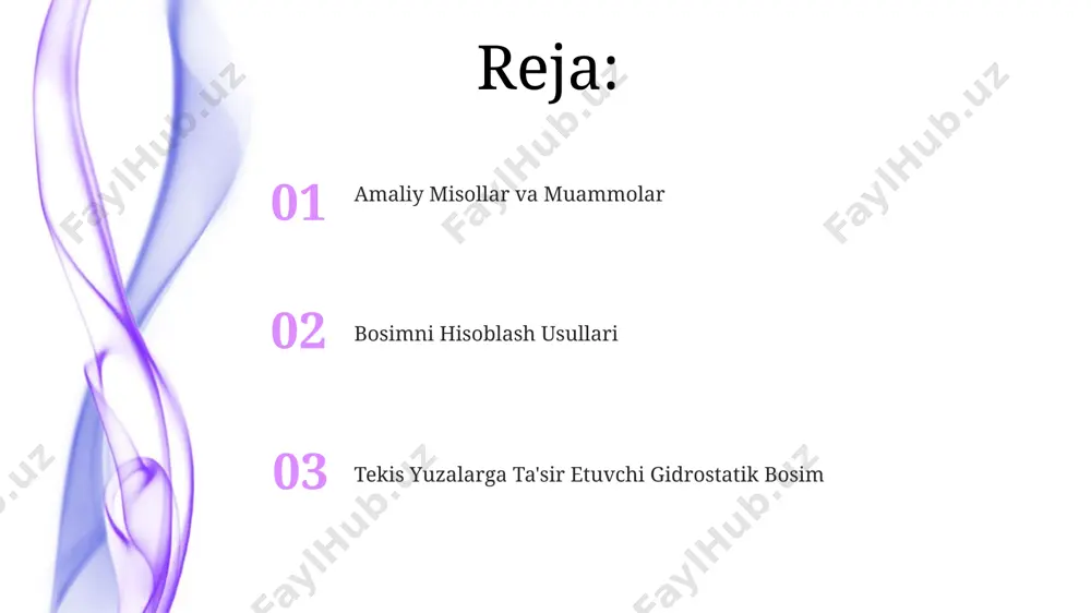 va suv sathidan chuqurligini aniq bilish muhim; murakkab shakllar uchun integral hisoblash usullaridan foydalanish talab qilinishi mumkin. agar tekis yuzaning chuqurligi 5 metr bo'lsa va suv zichligi 1000 kg/m³ deb olsak, suv ustunining hosil qilgan bosimiga 50 kpa bo'ladi. tekis yuzaga ta'sir etuvchi to'liq bosim kuchi yuzaning maydoni va bosim markazining chuqurligiga bog'liq bo'lib, f = p a formula orqali hisoblanadi, bu yerda p - o'rtacha bosim, a - yuzaning maydoni. misollar: gorizontal tekis yuzalar gorizontal tekis yuzadagi gidrostatik bosim, yuzaning shakliga bog'liq emas, faqat suyuqlik ustunining balandligiga va zichligiga bog'liqdir; bunday yuzaga ta'sir etuvchi umumiy kuch esa yuzaning maydoniga ham bog'liq. gorizontal tekis yuzaga ta'sir etuvchi gidrostatik bosimning kattaligi suyuqlikning zichligi (ρ), erkin tushish tezlanishi (g) va suyuqlik ustunining balandligi (h) ga bog'liq bo'lib, p = ρgh formula bilan hisoblanadi. misol tariqasida, 10 m chuqurlikdagi suv ustuni 1 m² gorizontal yuzaga 98,1 kpa bosim o'tkazadi, bu yerda suv zichligi …