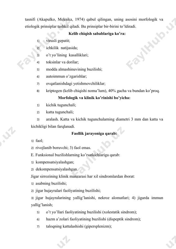 yo’llari faoliyatining buzilishi (xolestatik sindrom); 6) hazm a’zolari faoliyatining buzilishi (dispeptik sindrom); 7) taloqning kattalashishi (gipersplenizm); 8) gemorragik sindrom bo’lganda qontalashish, milkdan, burundan qon ketishi; 9) gepato splenomegaliya. jigar sirrozi bo’lgan kishilarda jigardagi yallig’lanishni hujayralar buzilishining ko’p-kamligiga, klinik simptomlarining qay darajada yaqqol ko’ringaniga qarab quyidagi faollik darajasi aniqlanadi: 1) kuchsiz faollik; 2) o’rtacha faollik; 3) keskin faollik. yuqorida keltirilgan sindromlar hammasi bir davrda bo’lmasligi ham mumkin. asoratlari. oshqozon, qizilo’ngach, ichakdan qon ketishi; jigar faoliyatining asta-sekin buzilishi; jigar-buyrak yetishmovchiligi; sirrozning o’sma (rak) ga o’tishi; jigar asosiy katta vena qon tomirining tiqilib qolishi; o’t yo’llarida tosh paydo bo’lishi (biliar sirrozda); koma. jigar sirrozining turlari: 1) kichik tugunchali (portal) jigar sirrozi; 2) katta tugunchali — jigar hujayralarining halokatidan so’ng rivojlanadigan jigar sirrozi; 3) o’t yo’llari buzilishi natijasida kelib chiqadigan jigar sirrozi. kichik tugunchali (portal) jigar sirrozi. portal sirrozi eng ko’p uchraydigan jigar sirrozi bo’lib, bu kasalliklar ichida 40 foizni tashkil qiladi. kasallik boshlanishida …