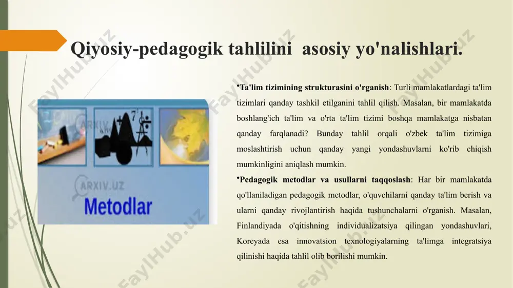larga asoslangan ta'limga urg'u berilgan, bu esa o'quvchilarning o'zaro aloqalarini va ijodiy fikrlashlarini rivojlantirishga kamroq e'tibor qaratishga olib keladi. pedagogik konsepsiyalarni qiyoslash shvetsiya ta'lim tizimi inklyuzivlik va tenglikka asoslangan, barcha o'quvchilar uchun teng imkoniyatlar yaratishga intiladi. germaniyada esa, ta'lim tizimi yanada texnik va ilmiy yo'nalishda rivojlanib, o'quvchilarga maxsus ixtisoslashgan sohalarda bilim olish imkonini beradi. shvetsiya tizimida, ko'proq har bir o'quvchining individual ehtiyojlariga qarab ta'lim berish va o'qituvchilarni turli metodologiyalar bilan ta'minlashga e'tibor qaratiladi. jahon tajribalarining asosiy xususiyatlari va samaralari. jahon tajribalarini qiyoslash orqali, quyidagi asosiy xususiyatlar va samaralarni ko'rish mumkin: insoniyatga asoslangan ta'lim: ko'plab mamlakatlarda ta'lim tizimi insonga asoslangan yondashuvni o'z ichiga oladi, bunda o'qituvchilarni nafaqat bilim beruvchi, balki mentor va ruhiy qo'llab-quvvatlovchi sifatida ko'rishadi. ta'limda ijtimoiy adolat: ta'lim tizimida barcha o'quvchilarga teng imkoniyatlar yaratish, ijtimoiy va iqtisodiy holatiga qarab farqlarni bartaraf etishga intilish. texnologiyalarga asoslangan ta'lim: ko'plab mamlakatlarda ta'lim jarayonlariga texnologiyalarni integratsiya qilish orqali ta'lim sifatini oshirish va o'quvchilarga …