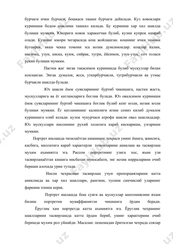 актерини очиб беришга катта ёрдам беради. чунки бу холатлар хар бир инсонга хосдир. рангтасвирда чизматасвирнинг урни рангтасвир рангшунослик конунларига асосланиб борликни реалистик ифодалайди, акс эттиради. рангтасвир махорати-бу текисликда борликни тулаконли табиий рангларда акс эттиришдир. бунинг учун расом хавоий перспектива, масштабни, хажмни чизматасвир оркали акс эттиришни пухта эгаллаши керак. тус, ранг ва чизматасвирни бир-бирига боглаб, рангтасвир асарида мохирона фойдаланиш зарур. чизматасвирсиз факат буёклар оркали буюмнинг шаклини, хажмини, борликдаги урнини акс эттириш мумкин. агар манзара ишлашда перспектива конунларига амал килиб чизматасвири курсатиб берилмаса, рангни ахамияти уринсиз булади. баъзан рассомлар «рангтасвир нима?» деган саволга: «бу 100% чизматасвир ва 100% рангтасвир узаро мужассам богликлигидадир» дейишади. реалистик рангтасвирда чизматасвирга мухим урин ажратилади ва чизматасвирни эгаллаш реалистик рангтасвир жараёнида асосий шартдир. олдин чизматасвир ишланиб, кейин ранг берилади. суз чизикли рангтасвирда эмас. рангтасвирчи олдиндан чизматасвир тайёрламаслиги мумкин. аммо унинг асарида аник чиройли чизматасвир рангтасвир билан чамбарчас богланиб, яккол тасвир хосил килганини курамиз. ёш рассомни укитиш чизматасвир, рангтасвир, …
