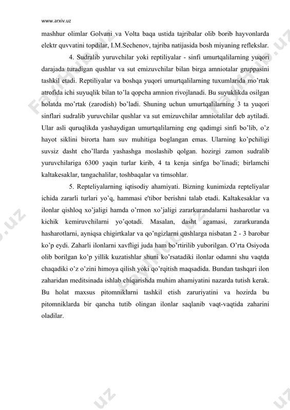 uhim ahamiyatini nazarda tutish kеrak. bu holat maxsus pitomniklarni tashkil etish zaruriyatini va hozirda bu pitomniklarda bir qancha tutib olingan ilonlar saqlanib vaqt-vaqtida zaharini oladilar. adabiyоtlar: 1. g.g.abrikosov va boshqalar. «zoologiya» 1 - 2 jilt. t: 1966. 2. v.f.natali «umurtqasiz hayvonlar zoologiyasi». t: 1966. 3. s.p. naimov. «umrtqali hayvonlar zoologiyasi» 1995 y. 4. o mavlonov .sh.xurramov «umirqasizlar zoologiyasi» t. 1988 y. 5. e.i.lukin «zoologiya» moskva 1989 6. b.а.kuznеtsov, a.z.chеrnov, l.n.katonova «kurs zoologiya». m.1989 y. 7. a.m.muhammadiеv «umurtqasiz hayvonlar zoologiyasi». t: 1970. 8. s.a.murodov, n.axmеdov «talabalarning bilimini rеyting va tеst bilan aniqlash» bo’yicha «zoologiya va tut ipak qurti biologiyasi» fanlaridan o’quv uslubiy qo’llanma. t: 1997. 9. s.a.murodov va s.sobirov «zoologiya kursidan laboratoriya amaliy mashgulotlarni o’tkazishda qisqacha o’quv ko’rsatmalar (zoomuxandis va ipakchilik mutaxassislari uchun). t: 1999 y. 10. s.a.murodov «umumiy entomologiya kursi» t: 1986 y. 11. «krasnaya kniga uzbеkistana» i. ii tom. 1993. 12.«ta'lim to’grisida vа kadrlar tayyorlash milliy dastur to’grisida qonunlar.t:1998.