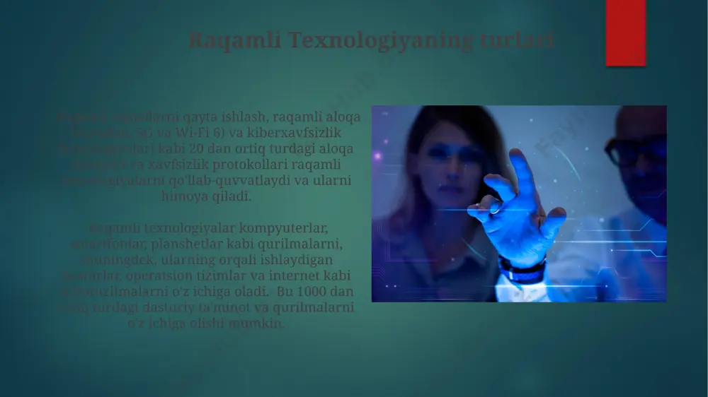 lumotlar tahlili kabi jarayonlarni tezlashtiradi va xarajatlarni kamaytiradi. katta hajmdagi ma'lumotlarni (big data) qayta ishlash va tahlil qilish imkoniyati biznes strategiyalarini yaxshilashga, bozor talablariga moslashishga va 10% dan ortiq foyda olishga yordam beradi. raqamli texnologiya bilan bog'liq muammolar raqamli tengsizlik, ya'ni yuqori tezlikdagi internetga kirish imkoniyatining yo'qligi va texnologiyalardan foydalanish ko'nikmalarining pastligi, 1 milliarddan ortiq odamni global iqtisodiyotdan chetlashtiradi. raqamli texnologiyalarning keng tarqalishi kiberxavfsizlik xatarlarini, jumladan, 2023 yilda 50 million dollarlik zarar keltirgan firibgarlik holatlarining sonini sezilarli darajada oshirdi. raqamli texnologiya va xavfsizlik kiberhujumlarning 75% gacha qismi oddiy inson xatolari, masalan, zaif parol va fihing tufayli sodir bo'ladi, shuning uchun xodimlarni o'qitish muhimdir. raqamli texnologiyalarning 90% dan ortig'i ma'lumotlarning shifrlanishi va avtorizatsiyasi kabi xavfsizlik mexanizmlariga tayanadi, aks holda katta xavf tug'diradi. raqamli texnologiyaning kelajagi sun'iy intellekt va mashinani o'rganish algoritmlarining rivojlanishi natijasida, 2030-yilga kelib, raqamli iqtisodiyotning yalpi ichki mahsulotdagi ulushi 70% dan oshishi taxmin qilinmoqda. raqamli texnologiyalar kelajakda 5g va …