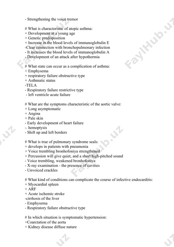 tate - euphoria - stuporous consciousness - sleep # list the pathological cases, lead to strabismus: + lead poisoning + botulism +diphtheria - diarrhea -diabetes - morphine poisoning # what important feature hypersthenic type of chest: + front-rear size is closer to the side + supraclavicular and subclavian fossa smoothed + epigastric angle greater than 90 degrees -direction edges closer to the vertical -high growth, long limbs - the predominance of thoracic abdominal # if no common pathologies reduced mobility of the lower edges of the activity light: + inflammatory infiltration + emphysema + massive effusion of fluid in the pleural cavity - weight loss - a sharp increase in liver -with a sharp increase in the spleen # list the manifestations of vascular collapse with lobar pneumonia: + drop in blood pressure + drop in temperature + increased dyspnea - slow heart rate - temperature increase - rave # …