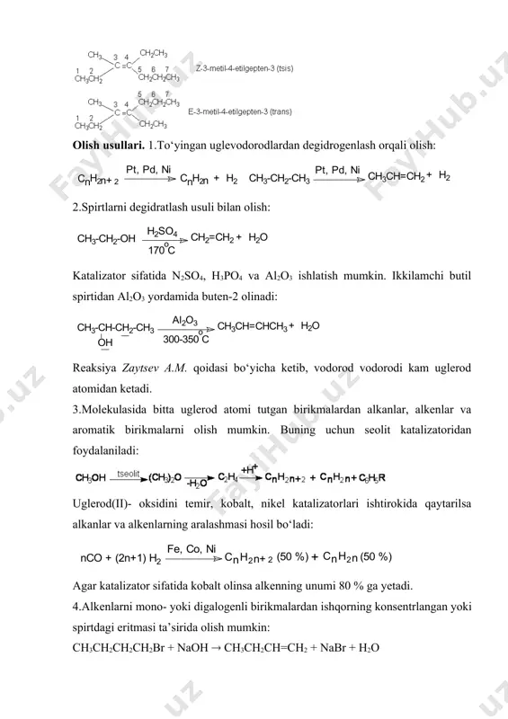 ]oh-ch3ch=ch2 + h2o + (ch3ch2ch2)2n-ch3 6.diyen va alkinlarni selektiv katalizatorlar ishtirokida vodorod bilan qaytarib alken olinadi: 7.neftni kreking qilishda hosil bo‘ladigan mahsulotlarni bosim ostida haydab alkenlar olinadi. 8.ko‘mirni kokslash jarayonida hosil bo‘ladigan gazlardan haydab alkenlar olinadi. adabiyot: 1. o.ya.neyland organicheskaya ximiya. m.: «viysshaya shkola». 1990. s. 102-106. 2. a.n.nesmeyanov, n.a.nesmeyanov nachala organicheskoy ximii. kniga 1. m.: 1969. s. 260-265. 3. dj.roberts, m.kaserio osnoviy organicheskoy ximii. chast 1. m.: «mir», 1978. s. 171-194. 4. a.terney sovremennaya organicheskaya ximiya. t. 1. m.: «mir», 1991. s. 294-300. r.morrison, r.boyd organicheskaya ximiya. m.: «mir». 1974. s.143-210. image4.png image5.png image6.png image7.png image8.wmf image9.wmf image10.wmf image11.png image12.wmf image13.wmf image1.png image2.png image3.png