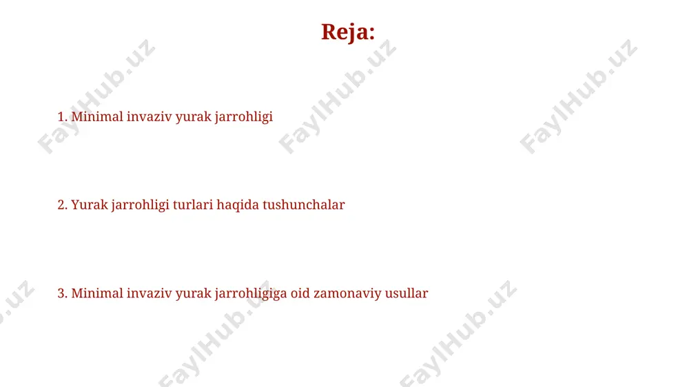 i mumkin. yurak jarrohligi turlari haqida tushunchalar yurak jarrohligi ochiq va yopiq (minimal invaziv) usullarga bo'linadi, ochiq jarrohlikda 15-20 sm gacha kesma qilinadi, yopiq jarrohlikda esa 3-5 sm dan oshmaydi. jarrohlik amaliyotining murakkabligi va bemorning yoshi, umumiy sog'lig'i kabi omillar operatsiyaning turini tanlashda muhim rol o'ynaydi, turli xil diagnostika usullari qo'llaniladi. bemorlar uchun tayyorgarlik bosqichlari operatsiyadan oldin bemorlarga kamida 6-8 soat davomida ovqat va ichimliklardan voz kechish kerak, bu esa umumiy behushlikning xavfsizligini ta'minlaydi. jarrohlik amaliyotidan 1-2 kun oldin bemorlarga yurak funksiyasini baholash uchun ekg va qon testlarini topshirish talab etiladi. rejalashtirish va diagnostika minimal invaziv yurak jarrohligi diagnostikasi, 90% hollarda invaziv bo'lmagan usullar (ekgs, ekg, echokg) orqali amalga oshiriladi, bu esa bemorlar uchun xavfni sezilarli darajada kamaytiradi. rejalashtirish jarayonida 3d tasvirlash texnologiyalari va kompyuter simulyatsiyasi keng qo'llanilib, jarrohlik amaliyotining aniqligi va samaradorligini oshiradi, xatolik ehtimolini minimallashtiradi. minimal invaziv yurak jarrohligi nima? minimal invaziv yurak jarrohligi, an'anaviy ochiq jarrohlikka nisbatan, …