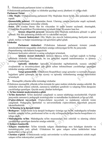 o'zbekistonda parliament tizimi va islohatlar — DOCX