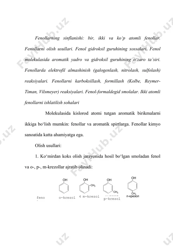 hosil qiladi: aromatik oksobirikmalar aromatik aldegid va ketonlar molekulasida karbonil guruhi benzol halqasi uglerodiga yoki yon zanjirga bog‘langan bo‘ladi. aromatik aldegidlar ikki xil bo‘ladi: ikkinchi xil (b) tuzilishdagi aromatik aldegidlar alifatik qator aldegidlaridan xossalari bilan kam farq qiladi. olish usullari 1. aromatik uglevodorodlarni kislorod bilan oksidlash: 2. aromatik spirtlarni oksidlash: 3. aromatik digalogenalkanlar gidrolizi: xossalari. aromatik aldegidlar alifatik qator aldegidlari kirishadigan barcha reaksiyalarga kirishadi. m-n, benzoy aldegidi ishqoriy sharoitda oksidlanish-qaytarilish reaksiyasiga kirishib, benzil spirti va benzoy kislotasini hosil qiladi (kannitsaro): benzaldegidning kaliy sianidi ishtirokida kondensatsiyalanishi benzoin kondensatsiya deb yuritiladi. hosil bo‘lgan modda esa «benzoin» deb ataladi: bu kabi reaksiyaga barcha aromatik aldegidlar kirishadi. reaksiya mexanizmi: aromatik ketonlar. ketonlar molekulasida karbonil co guruhi ikkita radikalga bog‘langan bo‘lib, ulardan bittasi albatta aromatik qoldiq (radikal) bo‘lishi kerak: bu xildagi ketonlar asosan aromatik uglevodorodlarni fridel-krafs usulida kislota xlorangidridlari bilan alcl3 ishtirokida atsillab olinadi: foydalanilgan adabiyotlar 1. o.sodiqov, a.karimjonov, n.ishoqov «organik ximiyadan praktikum» t. «o‘qituvchi», …