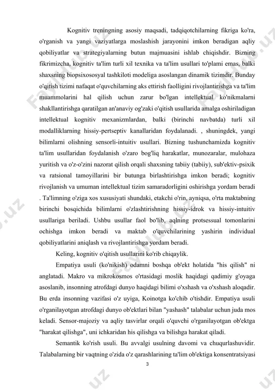 'rish va tasvirlash uchun kuzatishga taklif qiladi. bolalar tomonidan yaratilgan "ramzlar" ni tushuntirish va talqin qilish muhim o'rinni egallaydi. taqqoslash usuli turli xil o'quvchilarning versiyalarini, ularning versiyalarini buyuk olimlar, faylasuflar, dinshunoslar tomonidan shakllantirilgan madaniy va tarixiy o'xshashlar bilan taqqoslash uchun ishlatiladi. bu metodni o‘rgatish uchun o‘quvchilarga savollar beriladi: taqqoslash nimani anglatadi? har doim hamma narsani solishtirish mumkinmi? sizningcha, taqqoslab bo'lmaydigan narsani ko'rsating va hali ham taqqoslanmaydigan narsani solishtirishga harakat qiling. majoziy ko'rish usuli - ob'ektni hissiy-tasavvur bilan o'rganish. masalan, raqam, raqam, so'z, belgi yoki haqiqiy ob'ektga qarab, ulardagi tasvirlarni chizish, ularning qanday ko'rinishini tasvirlash taklif etiladi. talabalar kuzatishi natijasida o’quv mahsuloti og’zaki yoki grafik shaklda ifodalanadi, ya’ni o’quvchilar o’z tadqiqoti natijalarini talaffuz qiladi, yozadi yoki chizadi. evristik kuzatish usuli. talabaning turli ob'ektlarni maqsadli shaxsiy idrok etishi sifatida kuzatish uning nazariy bilimlarini shakllantirishning tayyorgarlik bosqichidir. kuzatish o'quvchi bilimining manbai, uni borliq haqiqatidan olish usulidir, ya'ni uni evristik o'qitish usuli sifatida tasniflash …
