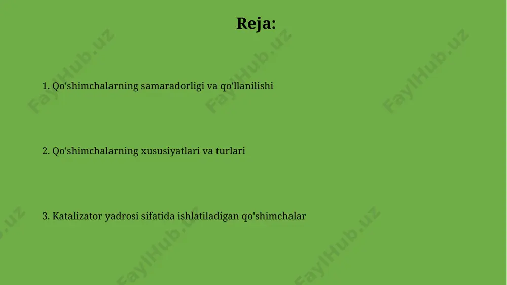 alizatorlarida 20 dan ortiq turdagi qo'shimchalar qo'llanilishi kuzatilgan, ularning samaradorligi har xil. qo'shimchalarning termostabilizatsiyasi termostabilizatsiya jarayonini optimallashtirish uchun, toshkent shahridagi ilmiy-tadqiqot institutlari tomonidan 3 yillik tadqiqotlar natijasida yangi formulalar ishlab chiqilgan bo'lib, bu formulalar katalizatorning ishlash muddatini 2 barobarga oshiradi. o'zbekistonning kimyo sanoatida qo'llaniladigan termostabilizatorlarning 70% gacha qismi, temperaturaga chidamliligini 150°c ga oshiruvchi, organik birikmalarga asoslangan. qo'shimchalarning sinov usullari va standartlari qo'shimchalarning mexanik mustahkamligini aniqlash uchun andijondagi muassasalarida 3-5 mm o'lchamdagi namunalar ustida sinovlar o'tkaziladi, natijalar iso 4649 standarti asosida baholanadi. qo'shimchalarning termal barqarorligini aniqlash uchun termogravimetrik tahlil (tga) usuli qo'llaniladi, 500°c gacha bo'lgan harorat oralig'ida 10°c/min tezlikda qizdiriladi, natijalar iso 11357-2 standarti bilan taqqoslanadi. qo'shimchalarning kelajagi va rivojlanish istiqbollari kelgusi 5 yil ichida nano-texnologiyalar yordamida ishlab chiqariladigan yangi avlod qo'shimchalari katalizatorlarning faollik darajasini 15-20% ga oshirishga qodir bo'ladi va bu dunyo bo'ylab 200 dan ortiq kompaniyaning manfaatlariga mos keladi. qo'shimchalarning kelajagi yuqori samarali, 99,9% tozalikka ega katalizator yadrolarini ishlab …