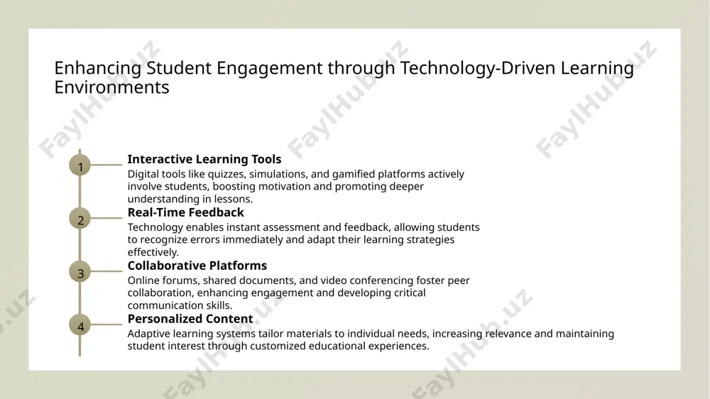 igital education 1 building robust digital policies - effective policies establish standards for technology use, ensuring equitable access, data security, and curriculum integration aligned with uzbekistan’s educational goals. 2 developing infrastructure - investing in high-speed internet, hardware, and reliable power supplies is essential for supporting digital learning environments across urban and rural areas. 3 promoting public-private partnerships - collaborations between government, tech companies, and educational institutions foster innovation, funding, and sustainable digital infrastructure development. 4 ensuring digital equity - policies must prioritize inclusive access to devices and internet, reducing disparities and enabling all students in uzbekistan to benefit from digital education. fostering innovation in education through digital transformation embracing digital innovation encouraging creative pedagogies supporting collaborative ecosystems digital transformation fosters innovation by integrating technologies like ai, vr, and data analytics, enabling new teaching methods and interactive learning experiences. technology empowers educators to adopt diverse, student-centered approaches such as gamification and …
