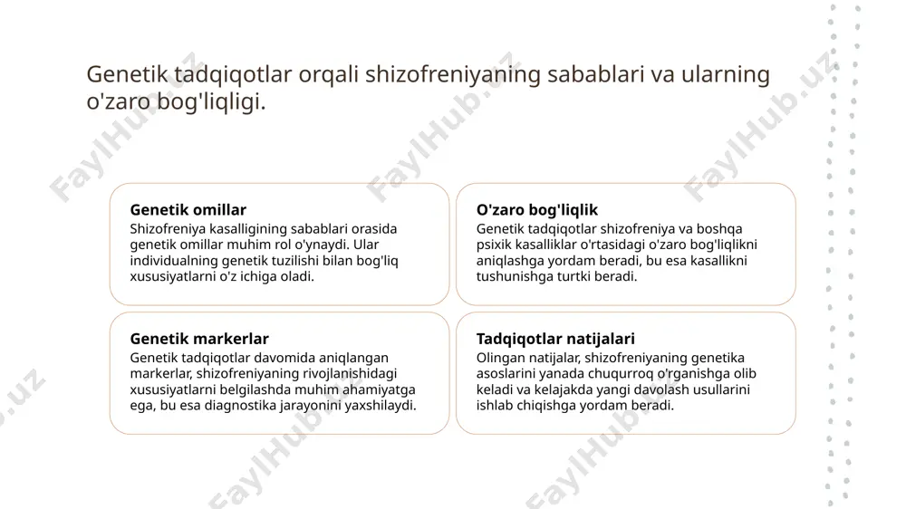 o'zbekistonda olingan natijalar shizofreniya bilan bog'liq genetik markerlarni aniqlashda yordam berdi, bu esa tashxis va davolashni yaxshilaydi. 4 kelajak istiqbollari - o'zbekistonda shizofreniya bo'yicha genetik tadqiqotlar kelajakda yangi davolash usullarini va individual yondashuvlarni rivojlantirishga imkon beradi. xulosa genetik omillar va ahamiyati shizofreniya kasalligi genetik omillarga bog'liq bo'lib, genlar va oilaviy tarix kasallikning rivojlanishini belgilaydi, bu esa davolash strategiyalarini shakllantiradi. innovatsion yondashuvlar innovatsion tadqiqot usullari, masalan, crispr va biomarkerlardan foydalanish, shizofreniyaning tashxisi va davolashini yanada samarali amalga oshirishga imkon beradi. o'zbekistondagi tadqiqotlar o'zbekistonda shizofreniya bo'yicha olib borilgan genetik tadqiqotlar natijalari, kasallikni tushunishni yanada chuqurlashtirib, yangi davolash imkoniyatlarini taqdim etadi. foydalanilgan adabiyotlar 1. a. abdurakhmanov. shizofreniyaning genetik omillari. o‘zbekiston respublikasi fanlar akademiyasi, 2021 2. m. ismoilov. shizofreniya va genetik tadqiqotlar: yangiliklar va istiqbollar. tibbiyot jurnali, 2022 3. n. qodirova. genetik markerlar va shizofreniya: assotsiatsiyalar va klinik ahamiyat. tibbiyot fanlari, 2023 4. d. murodov. shizofreniyaning genetik aspektlari va davolash usullari. toshkent davlat tibbiyot …