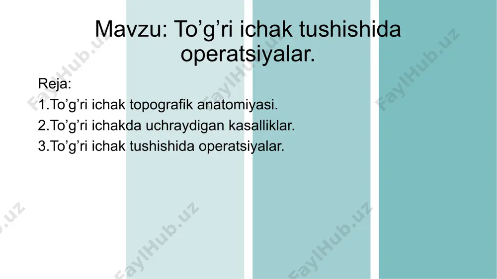 g biroz ko'tarilishi, titroq, bo'g'imlarning og'rig'i. ishtahaning pasayishi. siydik chiqarish va axlat buzilishi mumkin. paraproktitning bir necha shakllari mavjuda: teri osti. alomatlar - qizarish, shishish, induratsiyaog'riq va noqulaylik bilan birga keladigan anusda. pelvis-rektal. alomatlar - nafas yo'llari infektsiyasiga o'xshash umumiy zaiflik va intoksikatsiya. bundan tashqari, og'riqli siyish va axlat paydo bo'lishi mumkin. ishiorektal. alomatlar - ileo-rektal chuqurchada yiringli yallig'lanishning shakllanishi, dumba assimetriyasi, terining qizarishi. shilliq osti qavati. bu shilliq qavatdagi yiringli o'choqlarning paydo bo'lishi. semptomlar teri osti paraproktitiga o'xshaydi. pelviorektal. eng og'ir shakl. alomatlar titroq, isitma, tos va qorin og'rig'i. nekrotik. to'qimalarning o'limi bilan birga keladi - nekroz. davolashning eng qulay usuli bu jarrohlik. operatsiya davomida nafaqat xo'ppoz, balki ichki mikro-teshik ham chiqariladi. bunday operatsiyadan keyin kasallikning qaytalanishi kuzatilmaydi. to’g’ri ichak prolapsasi to'g'ri ichakning prolapsasi - bu yo'g'on ichakning distal qatlamlarining tashqariga chiqishi. bolalarda, erkaklarda va ayollarda teng darajada tez-tez uchraydi. birinchi holda, bu bola tanasining anatomik xususiyatlari, ikkinchisida - …