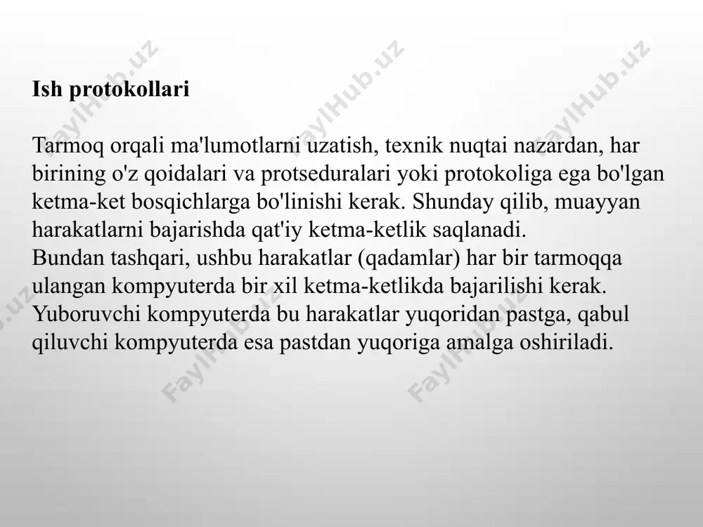 mbs (server message blocks, server xabar bloklari) va mijoz qobiqlari yoki redirektorlari; ncp (novell netware core protocol) va novell mijoz qobiqlari yoki redirektorlari; apple talk va apple share - apple tarmoq protokollari to'plami; afp (appletalk filling protocol) - apple kompaniyasining fayllarga masofaviy kirish protokoli; dap (data access protocol) - bu decnet tarmoqlaridagi fayllarga kirish protokoli. transport protokollari transport protokollari kompyuterlar o'rtasidagi aloqa seanslarini qo'llab-quvvatlaydi va ular o'rtasida ishonchli ma'lumotlar almashinuvini kafolatlaydi. mashhur transport protokollariga quyidagilar kiradi: tcp (transmission control protocol) - fragmentlar ketma-ketligiga bo'lingan ma'lumotlarni kafolatlangan yetkazib berish uchun tcp / ip protokoli; spx - novell'dan fragmentlar ketma-ketligiga bo'lingan ma'lumotlar uchun ipx / spx (internetwork packet exchange / sequential packet exchange) protokol to'plamining bir qismi; nwlink - microsoft-dan ipx/spx protokolini amalga oshirish; netbeui [netbios (network basic input / output system) kengaytirilgan foydalanuvchi interfeysi - kengaytirilgan foydalanuvchi interfeysi] - kompyuterlar o'rtasida aloqa seanslarini o'rnatadi (netbios) va yuqori qatlamlarni transport xizmatlari bilan …