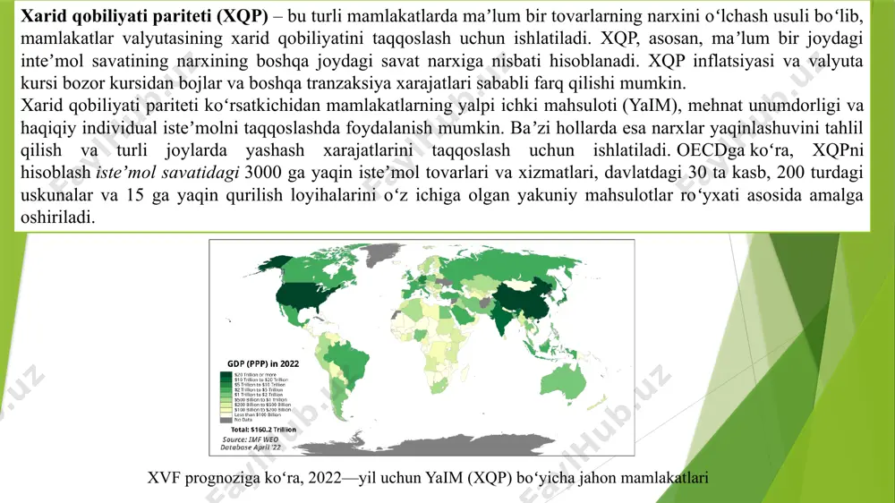 rlar savdosi va xarid qilinishiga toʻsqinlik qiladi, shuning uchun xarid qobiliyati paritetini oʻlchash uchun bitta tovarning narxini ishlatish katta xatolikka olib kelishi mumkin. xqp buni turli miqdordagi tovarlar kiritilgan isteʼmol savati yordamida hisoblaydi. keyin xqp inflatsiya va valyuta kursini ikkita turli xil joydagi isteʼmol savati narxlarining nisbati sifatida hisoblaydi. masalan, agar bitta kompyuter, 1 tonna guruch va yarim tonna poʻlatdan iborat savat nyu-yorkda 1000 aqsh dollari boʻlsa, va xuddi shu tovarlar gonkongda 6000 gonkong dollari tursa, xqp valyuta kursi 1 aqsh dollariga 6 gonkong dollariga teng boʻladi. xarid qobiliyati pariteti atamasi bir xil valyuta kursi tufayli har qanday joydagi isteʼmolchi bir xil xarid qobiliyatiga ega boʻlishidan kelib chiqadi. gonkong 1960-yil gonkong 2025-yil 2. davlatlar misolida xarid qobiliyati paritetining qo‘llanilishi xarid qobiliyati pariteti (ppp) davlatlar o‘rtasidagi iqtisodiy ko‘rsatkichlarni solishtirishda keng qo‘llaniladi. bu ko‘rsatkich yordamida turli mamlakatlardagi narxlar darajasi va valyutalarning haqiqiy qiymati baholanadi. masalan, aqsh dollari jahon valyutasi sifatida qabul qilingan …