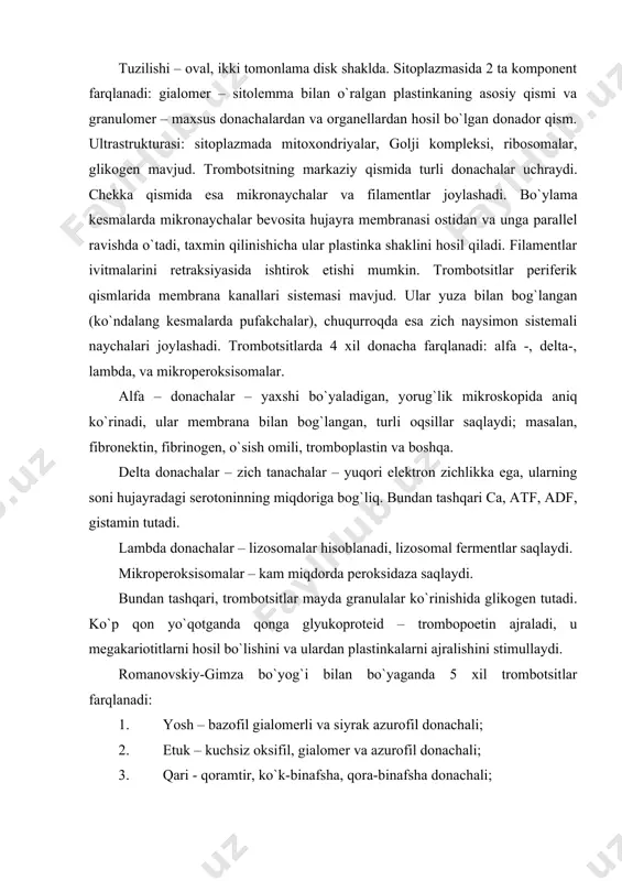 nulotsitlar), donasiz (agranulotsitlar) farqlanadi. donador leykotsitlar maxsus donachalari bo`yalishi xususiyatlarga qarab 3 turga bo`linadi; eozinofil, - kislotali bo`yoqlar bilan bo`yaladigan, bazofil – ishqoriy bo`yoq bilan bo`yaladigan, neytrofil (xam ishqoriy, xam kislotali bo`yaladigan). donasiz leykotsitlar – limfotsitlar va monotsitlar. leykotsitlarning miqdori 1 ml qonda 3,8 – 9,0 mingta bo`ladi. leykotsitlar psevdopodiyalari yordamida harakat qiladi. qon orqali leykotsitlar butun organizmga tarqaladi. qonda 8-12 soat bo`ladi. keyin esa biriktiruvchito`qimaga o`tadi va shu erda o`zining vazifasini bajarishni davom ettiradi. leykotsitlar himoya vazifasini bajaradi va gumoral va hujayraviy immunitetda ishtirok etadi. granulotsitlar. neytrofillar – yumaloq shaklda, diametri 7-9 mkm, miqdori 65-75 %. yashash davri 8 kun. qonda turli etilish darajasidagi 3 xil neytrofil uchraydi: yosh (0-0,5%), tayoqcha yadroli (3-5%), va segment yadroli (60-65%). qonda yosh va tayoqcha yadroli neytrofillarning miqdori oshsa, leykotsitlar formulada chapga siljiydi, deyiladi va muhim diagnostik ko`rsatkich hisoblanadi. segment yadroli neytrofilning tuzilishi: yadro segmentlashgan, 3-4 segmentdan iborat, ular ko`prikchalar yordamida bog`langan, sitoplazmada …