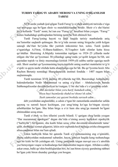 turdiy farog‘iy adabiy merosi va uning o‘rganilish tarixi — DOCX