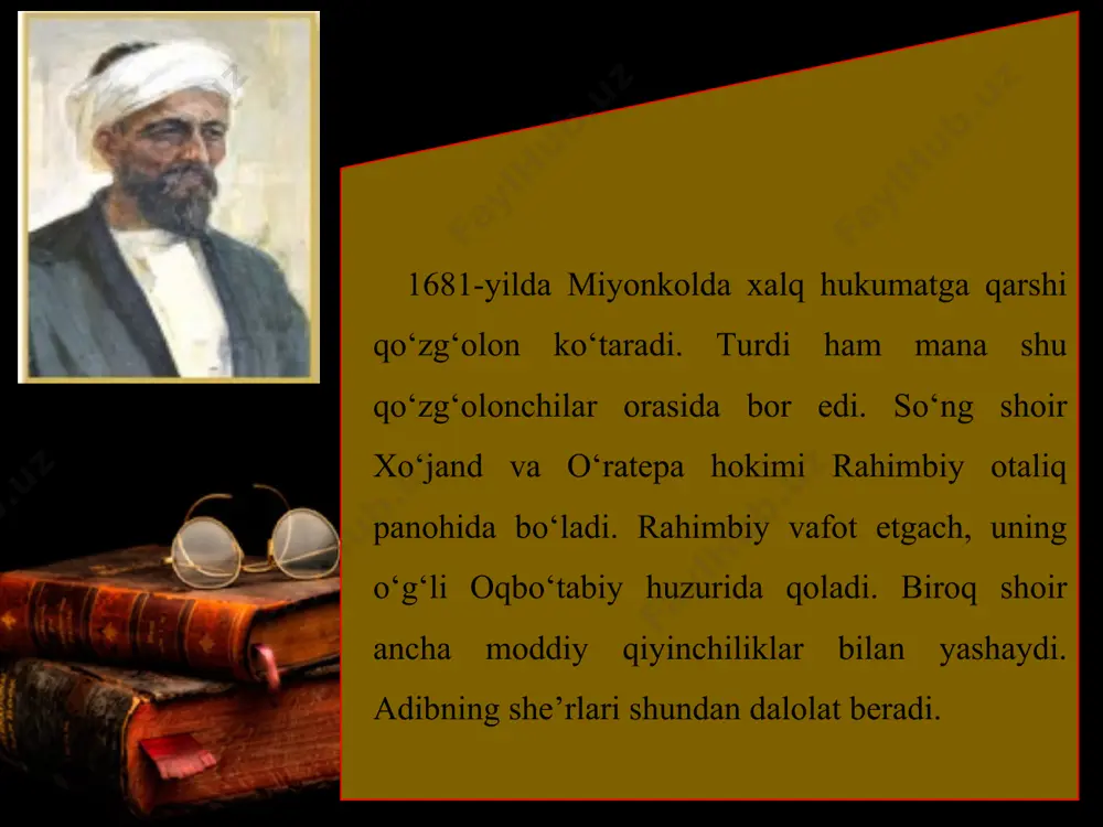udi e’tibori chashmi mardum turdiman. turdi o‘zbek adabiyotining hajviy yo‘nalishini juda yuqori darajalarga ko‘targan ijodkor sifatida ajralib turadi. uning ijtimoiy-siyosiy, maishiy, madaniy hayotdagi illatlarni ko‘radigan ko‘zlari nihoyatda o‘tkir. turdining she’rlari real hayot manzaralari bilan uyg‘un. ular ning asosiy qismi avtobiograǟk mazmun kasb etgan. «turdiman» radi智i g‘azal ham shu siraga mansub: qatrayam nochiz, ammo zoti qulzum turdiman, kelturan amvojg‘a bahri talotum turdiman. bir qatragina suvning kuch va qudratini tasavvur qila olasizmi? to‘g‘ri, u hech qanday xavf va xatar solmasligi, hech kimni cho‘chita olmasligi mumkin. ammo uning «zoti qulzum» – dengizga taalluqli ekanligini ham unutmaslik lozim. lirik qahramon mana shunga ishora qilmoqda. zero, qatralarning yig‘ilgani – jami hududsiz dengizlarda ham po‘rtanalarni hosil qila oladi. bundan murod shuki, meni nazarga ilinmaydigan birgina ushoq odam deb o‘ylash to‘g‘ri emas, menga o‘xshaganlar ning hammasi jamlansa, uyushsa, dengiz kabi olam ni, ya’ni shu dunyoni, mavjud hayotni ag‘dar-to‘ntar qilib yuborishning ham uddasidan chiqadi deganidir. navbatdagi bandda turdining …
