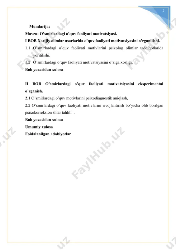 aqalashtirilganligi;insonning butun hayoti davomida ta’lim olishi;jamiyatda pedagoglarni ijtimoiy himoya qilishning kafolatlanganligi;ta’lim tizimining dunyoviy xususiyatga egaligi;bilimlilik, qobiliyatlilik va iste’dodning rag‘batlantirilishi;ta’lim tizimida davlat va jamoat boshqaruvining uyg‘unligi;ta’lim faoliyati sohasidagi ochiqlik va shaffoflik.jinsi, irqi, millati, tili, dini, e’tiqodi, ijtimoiy kelib chiqishi, ijtimoiy mavqeyidan qat’i nazar, har kimga ta’lim olish uchun teng huquqlar kafolatlanadi.[footnoteref:1] [1: o‘zbekiston respublikasining 2024-yil 20-sentabrdagi o‘rq-963-sonli qonuni tahririda — qonunchilik ma’lumotlari milliy bazasi, 21.09.2024-y., 03/24/963/0735-son ] bugungi kunda ta’lim jarayonining samaradorligini oshirish, yoshlarning bilim olishga bo‘lgan qiziqishini kuchaytirish va ularning intellektual salohiyatini rivojlantirish dolzarb masalalardan biri hisoblanadi. ayniqsa, o‘smirlik davri inson hayotidagi eng muhim va murakkab bosqichlardan bo‘lib, bu davrda shaxsning o‘zini anglash, mustaqil fikrlash va kasb tanlash jarayonlari faollashadi. shu sababli o‘quv faoliyati motivatsiyasini shakllantirish va uni rivojlantirish psixologik, pedagogik hamda ijtimoiy nuqtai nazardan alohida e’tiborni talab qiladi. mavzuning dolzarbligi shundan iboratki, o‘smirlarning o‘qishga bo‘lgan munosabati ularning kelajakdagi shaxsiy va kasbiy hayotiga bevosita ta’sir ko‘rsatadi. zamonaviy ta’lim tizimi esa …