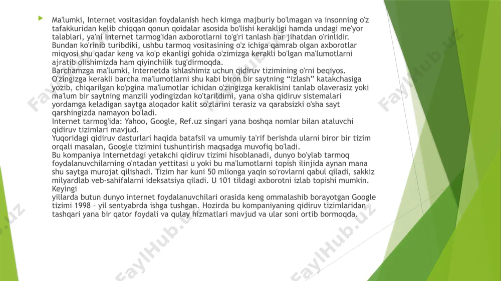 g atrofini temir devor bilan orab olish hech shubhasiz zamonning talabiga ham bizning ezgu maqsad – muddaolarimizga xam to'g'ri kelmaydi. nega deganda biz yurtimizda ochiq va erkin demokratik jamiyat qurish vazifasini o'z oldimizga qat'iy maqsad qilib qo'yganmiz va bu yo'ldan hech qachon qaytmaymiz. binobarin, biz davlatimiz kelajagi o'z qobig'imizga o'ralib qolgan holda emas, balki umumbashariy va demokratik qadriyatlarni chuqur o'zlashtirgan holda tasavvur etamiz. biz istiqbolimizni taraqqiy topgan mamlakatlar tajribasidan foydalanib, davlat va jamiyat boshqaruvini erkinlashtirish inson huquqi va erkinliklarini fikrlar rang – barangligini o'z hayotimizda yanada kengroq joriy qilishda ko'ramiz. biz butun ma'rifatli xalqaro hamjamiyat bilan tinch – totuv, erkin va farovon hayot kechirish o'zaro manfaatli xamkorlik qilish tarafdorimiz. xozirgi zamon axborot tizimi uning, juda keng imkoniyatlaridan kelib chiqib aytish mumkinki, o'zbekistonda axborot olish, saqlash, foydalanish va tarqatishning umumiy manfaat va umumiy taraqqiyot nuqtai nazaridan boshqaruv mexanizmini yaratish, uning moxiyati va unsurlarini chuqur anglash zarur bo'lib qolmoqda. ana shu hayotiy …