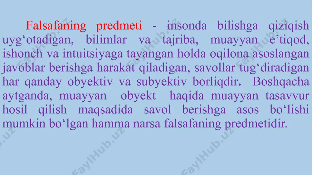 ethodos – yo‘l, tadqiqot, tekshirish so‘zidan kelib chiqqan). falsafaning integrativ funksiyasi real borliqning yangi obyektlari va hodisalari insonning nazariy tadqiqotlari sohasidan o‘rin olishi, shuningdek ilgari ma’lum darajada anglab yetilgan narsalar va hodisalarni yanada chuqurroq o‘rganish uchun birlashishga ehtiyoj. falsafaning madaniy funksiyasi odamlar dunyoqarashini kengaytirish, ularda bilishga qiziqish uyg‘otish, nazariy fikrlash madaniyatini shakllantirish va rivojlantirish orqali namoyon bo‘ladi. falsafaning aksiologik funksiyasi (yunon. axia - qadriyat) hayotning ma’nosi, o‘lim va umrboqiylik masalalarini kun tartibiga qo‘yish, u yoki bu harakat, voqea, hodisaga “yaxshi”, “yomon”, “muhim”, “foydali”, “foydasiz” kategoriyalari bilan baho berish orqali namoyon bo‘ladi. falsafaning axloqiy funksiyasi odamlarning u yoki bu jamiyatda qaror topgan munosabatlar ta’sirida shakllanuvchi xulq-atvori. bunda, masalan, axloqiy qadriyatlar, ularning tabiati, asoslari va jamiyatdagi amaliy roli falsafaning tadqiqot predmeti hisoblanadiki, bu jamiyatda yuzaga keladigan va tabiiy yo‘l bilan, ya’ni real hayot amaliyotida o‘rnatiladigan me’yorlar va qoidalarga sezilarli darajada ta’sir ko‘rsatadi. falsafaning tarbiyaviy funksiyasi insonning o‘z-o‘zini tarbiyalash va o‘zi mansub bo‘lgan …