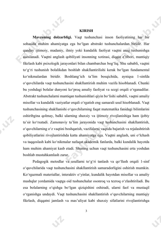 i usullar keng qo‘llanilmoqda. bu esa o‘quvchilarning tushunishini osonlashtirib, dars jarayonini yanada qiziqarli va samarali qiladi. shu bois, vaqt tushunchasini shakllantirish metodikasini ishlab chiqish va takomillashtirish ta’lim sifatini oshirishda muhim ahamiyatga ega. vaqt tushunchasini shakllantirishning samarali metodikasi o‘quvchilarning o‘zaro munosabatlarini yaxshilash, guruhda ishlash ko‘nikmalarini rivojlantirish, ularni tartib-intizomga o‘rgatishda ham muhim o‘rin tutadi. vaqtni to‘g‘ri anglash bolalarga darslarga vaqti-vaqti bilan kelish, topshiriqlarni belgilangan muddatda bajarish kabi odatlarni shakllantirishga yordam beradi. vaqt tushunchasini shakllantirish boshlang‘ich ta’limning eng muhim vazifalaridan biri bo‘lib, uning natijadorligi o‘quvchilarning kelajakdagi muvaffaqiyati va shaxs sifatida rivojlanishiga sezilarli ta’sir ko‘rsatadi. shu sababli, 1-sinf o‘quvchilarida vaqtga oid tushunchalarni shakllantirish metodikasini chuqur o‘rganish, uni amaliyotga joriy etish va takomillashtirish dolzarb vazifa sifatida qaraladi. kurs ishining maqsadi. 1-sinf o‘quvchilarida vaqt tushunchasini samarali shakllantirish metodikasini o‘rganish, aniqlash va takomillashtirish orqali ularning vaqtni to‘g‘ri anglash hamda amaliyotda qo‘llash ko‘nikmalarini rivojlantirishdir. kurs ishining vazifalari: · vaqt tushunchasining nazariy asoslarini o‘rganish va uning psixologik hamda pedagogik …