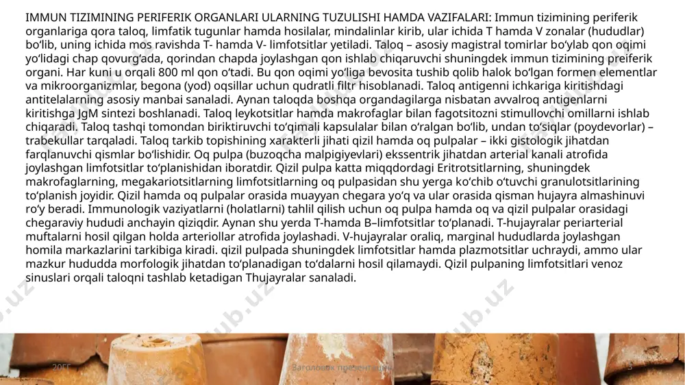 ismlarida turlicha o‘zgarib turadi. chakning limfoid hosilalari tuzulishi vazifalari: ichakning limfoidli hosilalari yo‘g‘on hamda ingichka ichak devorlarida limfoid hosilalar anatomik xususiyatlarga ega. mazkur organlarning tuzilishi hamda immunologik funksiyasi ingichka va yo‘g‘on ichakning fiziologik vazifalariga mos keladi. limfoid apparat o‘z ichiga quyidagilarni oladi: limfoid (peyerovlar), bir dona limfoid tugunlari, qorishiq joylashgan limfotsitlar. yo‘g‘on ichak boshlanishida limfoid tugunli uning chuvalchangsimon o‘simtasi joylashgan bo‘ladi. 4 2topshiriq. immun tizimining markaziy hamda periferik organlari mavzusi bo‘yicha 'keys' tuzish immun tizimida ilik qanday ahamiyatga ega: ilik bir vaqtning o‘zida ham qon ishlab chiqaruvchi, ham immun tizim sanaladi. ilikning umumiy massasi 2,5 – 3 kg. qizil hamda sariq iliklar farqlanadi. ilik naysimon suyaklar ichidagi bo‘shliqda bo‘lib, retikulyar stroma, jips holda joylashgan gemopoyetik hamda limfoid to‘qimalar, shuningdek kapillyarlarning tarmoqlangan tizimlarining to‘qimalarining birlashishidan iborat. ilikning asosiy vazifasi – limfotsitlar va qon hujayralari mahsuloti. funksional vazifasiga ko‘ra qizil ilikda miyeloid (gemotsitopoyetik) hamda limfoid to‘qimalar farqlanib, ulardan qon, monotsitlar hamda b–limfotsitlar …