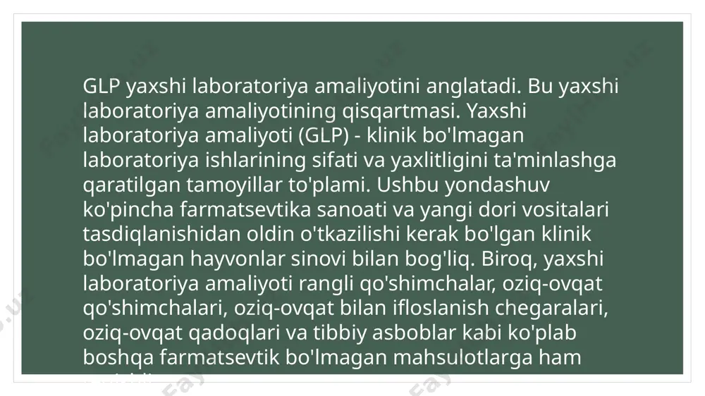 ovlarni bajarish uchun kerakli bo‘lgan mutaxassislar jamoasi, zaruriy xona va asbob uskunalarga ega bo‘lgan amaldagi joy bo‘lib, agar sinovlar bir nechta sinov maydonlarida amalga oshiriladigan bo‘lsa, u xolda “sinov markazi” atamasi, sinovlar bo‘yicha rahbar joylashgan va sinovlar markazi hisoblangan barcha sinov maydonchalari joylashgan markazdir. laboratoriyalardagi sinovlar sifatni ta’minlash dasturi (quality assurance programme) asosida olib boriladi. mazkur dastur asosiy tadqiqotlarni o‘tkazishga jalb etilmagan xodimlar va sinov markazi ma’muriyati tomonidan tuziladi.barcha ishlar standart operatsion protseduralar (sop) asosida amalga oshiriladi. sop (standard operating procedures; sops) - tadqiqot rejasida yoki tadqiqotni o‘tkazish yo‘riqnomasida batafsil ko‘rsatilmagan va aniq bir faoliyat turini bajarishda bir xillikka erishishga yo‘naltirilgan, tadqiqotni o‘tkazish jarayonlari yoki boshqa faoliyat ta’riflangan batafsil yozma yo‘riqnomalar. sifatni ta’minlash xizmati tadqiqotlarni olib borishda ishtirok etuvchi xodimlardan mustaqil bo‘lishi shart. biroq ushbu xizmat xodimlari tadqiqot o‘tqazish jarayonlari bilan tanish bo‘lishi va sinov markazi rahbariyatiga bevosita hisobot berishlari zarur. sinov markazi ma’muriyati quyidagilarni bajarishi shart: a) yaxshi laboratoriya …