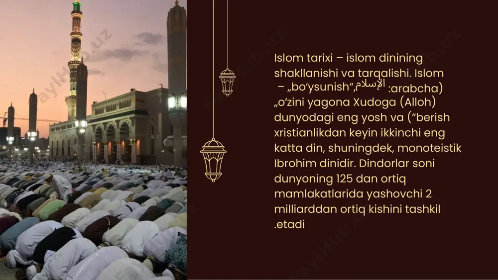 rab xalifaligini egallagan islom teokratik davlati tashkil topdi. muhammad sollallohu alayhi va sallamning paygʻambarligi jabal an-nur togʻidagi hira gʻori, u yerda muhammad (s.a.v) ibodatga chiqishni yaxshi koʻrardilar odil xalifalik sahobalar xalifaligi yoki roshid xalifalik (arabcha: الخالفة الراشدة) — bu payg‘ambarimiz muhammad (s.a.v.) vafotidan keyin islom ummati boshqaruvini o‘z zimmasiga olgan to‘rt xalifaning davriga nisbatan ishlatiladigan atamadir. bu davr milodiy 632-yildan 661-yilgacha davom etgan. bu to‘rt xalifa musulmonlar tomonidan "roshidun" ya'ni "to‘g‘ri yo‘ldagi rahbarlar" deb e’tirof etilgan.va eron platosi kirgan. odil xalifalik arab xalifaligiga asos solgan. abu bakr xalifaligi abu bakr siddiq (r.a.) — 632–634 yillar shaxsiyati: rasululloh (s.a.v.)ning eng yaqin do‘sti. islomni birinchi bo‘lib qabul qilgan erkaklardan biri. "siddiq" — haqiqatni tasdiqlovchi degan unvonga sazovor bo‘lgan. xalifalik davri asosiy voqealari: ridda urushlari: muhammad (s.a.v.) vafotidan so‘ng ba’zi arab qabilalari islomdan qaytishdi. abu bakr ularni islomga qaytarish uchun harbiy yurishlar boshladi. qur'onni to‘plattirdi: urushlarda ko‘plab qori sahobalar shahid bo‘lgani uchun, qur’on …