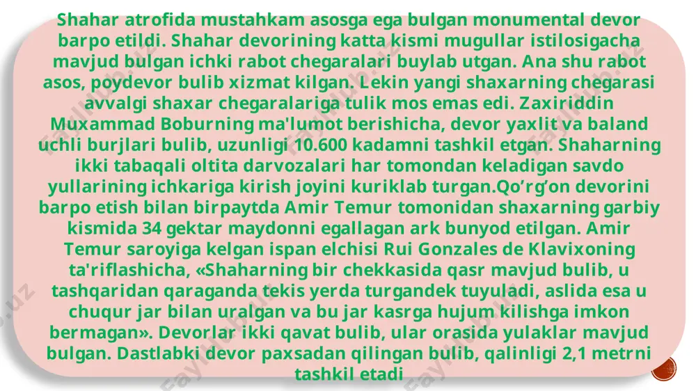 ashqariga yunaltirilgan. tusinlarning uchlari xandak tepasidagi devordan chiqib turgan. bu maxsus usul bulib, u birinchidan dushman tomonidan uzi devor buzuvchi qurilmalarni minoralar yoniga olib kelishi va arkonlar yordamida narvonlar kuyishiga tuskinlik kursatish uchun muljallangan: ikkinchidan, ularga kigiz osib kuyilgan va dushman ukdari ana shu kigizlarga sanchilib kolgan: uchin- chidan, ichiga jangchilar kirib olgan maxsus qutilar ana shu tusinlarga maxkamlanib pastga yunaltirilgan va qutidagi jangchilar devor tagigacha yetib kelgan dushman askarlarini o’qqa tutganlar. xiv-xv asrlarda xam devor buzish texnikasiga, devorlar va minoralarni vayron kilishga kodir bulgan kuchli toshotar kurollarga ega bulgan dushmandan himoyalanishga muljallangan katta kalinlikdagi monumental, kup xollarda metin devorlar kurish yanada rivojlangan. qo’shin tuzilishi, harbiy qurol-aslaha va kiyim- lar. amir temur sharkda birinchilardan bulib o’z armiyasiga o’t ochar qurol, shuningdek, u to’gli hududlarda jang xarakatlari olib boruvchi piyodalardan tuzilgan maxsus harbiy kismlarni tashkil kildi. u jaxon xarbiy san’ati ta-­ rixida birinchi bulib qushinni jang maydonida yetti qo’lga bulib joylashtirish …