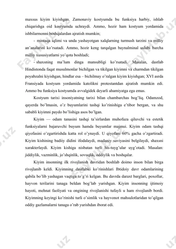 ijtimoiy hayoti, mehnat faoliyati va ongining rivojlanishi tufayli u ham rivojlanib bordi. kiyimning keyingi ko’rinishi turli o’simlik va hayvonot mahsulotlaridan to’qilgan oddiy gazlamalarni tanaga o’rab yurishdan iborat edi. rasm. ibtidoiy davr kostyumi kostyum shakli yaratilganda quyidagi talablarga ahamiyat beriladi: - funksional - buyumning texnik maqsadini va insonning utilitar talablarini oldindan aniqlash; konstruktiv-texnologik - materialning fizik-mexanik xususiyatlari va shakl konstruksiyani oqilona ifodalash; estetik - jamiyatning estetik ideallariga buyumning mosligi. kostyum shakli inson bilan chambarchas bog’liq va faqat uning siymosi, razmeri, harakatini inobatga olgan holda tahlil etilishi lozim. kostyumning har bir qatlami o’z xossalariga ega: - ustki qatlami: rang, faktura, chiziq, naqsh, bezak, yani kom’ozitsion bezak qatlamlaridan iboratdir. kostyumlarda asosan uchburchak, to’g’riburchak, trapetsiya va oval kabi tarkibiy elementlari uchraydi. kiyimlarning paydo bo’lishi. inson tanasining shakli va yashash tarzi dastlabki kiyimlarning ko’rinishini belgilagan. dastlabki davrlar, ya’ni ibtidoiy tuzumda hayvon terisi yoki o’simlik novdalarini to’qish asosida muayyan bir shaklga keltirilishi oqibatida tayyorlangan mato inson …