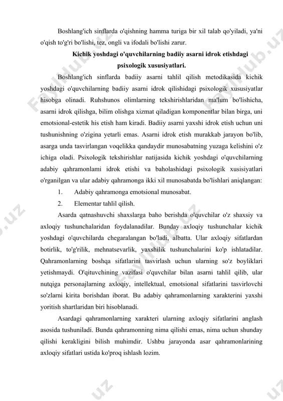 ing maqtanchoqligi tasvirlangan o'rinni topib o'qing", ,,qodirning qo'rqoqligi ifodalangan o'rinni topib o'qing", ,,qodirning yolg'on gapini sobir qanday to'g'riladi? shu o'rinni topib o'qing", ,,qodirning zo'ravonligi ifodalangan o'rinni topib o'qing. o'qigan qismlaringiz asosida qodirning xususiyatlarini isbotlab bering" kabi savollar asosida quyidagicha slayd hosil bo'ladi: slaydga qaraymiz: o'qish darslarida o'qilayotgan asarning ongli o'zlashtirilishini ta'minlashda o'quvchilarning psixologik xususiyatlarini aibatta hisobga olish zarur. boshlang’ich sinflarda badiiy asarni tahlil qilishning metodik shartlari. zamonaviy maktab oldiga qo'yilgan vazifalar, kichik maktab voshidagi o'quvchilar umumiy rivojlanishining o'sganligi, psixologiya va xususiy metodika sohasidagi yutuqlar sinfda o'qish mazmuni va o`qitish metodlariga o'zgartirish kiritishni talab etmoqda. shularga bog’1iq holda badiy asarni tahlil qilish metodikasi takomillashtira borildi: takroriy bayon qilish mashqlari kamaytirildi, ijodiy va o'qilgan matn yuzasidan o'z fikrini bayon qilish ko'nikmasini o'stiradigan mashqlar ko'paytirildi, asar qismlari ustida emas, balki yaxlit asar ustida ishlanadigan bo'ldi, asar g'oyasi va obrazlarini tushuntirishda o'quvchilarning mustaqilligi ortdi, matn ustida ishlashda xilma-xil lopshiriq turlaridan, ta'limda texnika vositalaridan va …