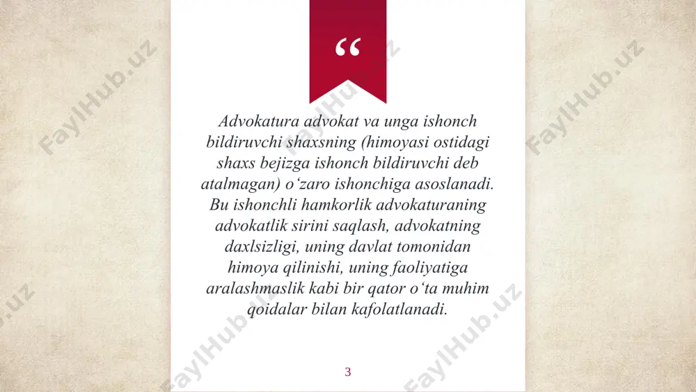 i, advokatlik siri muhofazasini xavf ostiga qo‘yadi. shu sababli qonunni quyidagilarni hisobga olgan holda takomillashtirish, ya’ni advokatga nisbatan tergov (tezkor-qidiruv) harakatlarini o‘tkazishni (u tergov harakati obyekti bo‘lmagan holatda): sud qarori orqali; advokatlar palatasi vakili ishtirokida; alohida tartibda o‘tkazilishini ta’minlash lozim. 13 advokatlar daxlsizligini cheklash, advokatlik sirini qo‘lga kiritishga qaratilgan yuqoridagi normalarni ayrim advokatlar tomonidan sodir etilayotgan huquqbuzarliklarni bartaraf etishga urinish bilan oqlashga harakat qilinadi. lekin u huquqbuzarliklar advokat daxlsizligini buzishni oqlamaydi. u huquqbuzarliklar tegishli vakolatli organlar tomonidan qonunda o‘rnatilgan tartibda professionallik bilan bartaraf etilishi kerak. aslo advokatura instituti asoslarini kuchsizlantirish bilan emas . zero maqsad vositani oqlamaydi. har qanday odil sudlovni ta’minlash maqsadlariga faqat huquqiy, muvozanatli va axloqiy vositalar bilan erishilishi lozim. 14 e’tiboringiz uchun rahmat! tayyorladi: ikramov otabek, xasanov shoxjahon image2.png image3.png image4.jpg image1.jpg