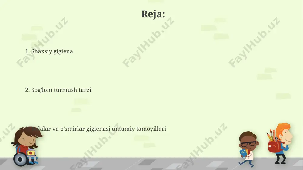 a 2 marta iliq suv bilan yuvish, infektsiyalarni oldini olishda muhim rol o'ynaydi va bu jarayonni sog'lom turmush tarzining 5ta asosiy qoidasiga kiritish mumkin. jinsiy gigiena bo'yicha 12-18 yoshdagi o'smirlarga 3 oyda bir marta ginekolog yoki urolog tomonidan tekshiruvdan o'tish tavsiya etiladi, ayniqsa, toshkent kabi yirik shaharlarda yashovchilar uchun. kiyim-kechak gigienasi кийим-кечак гигиенасига оид 7-12 ёшли болаларда кундалик 2 мартадан кам бўлмаган ювиниш, айниқса, қўл ва юзнинг тозалигини сақлаш, тошкент шаҳридаги мактабларда ўтказилган сўровномаларга кўра, муҳим аҳамиятга эга. ёш болалар учун кийимларнинг ҳажми ва ўлчами 2-3 см ортиқча бўлиши, кун давомида 3-4 мартадан кам бўлмаган кийим алмаштириш, ферғона водийсидаги педиатрларнинг тажрибасига кўра, терини намликдан ҳимоя қилади ва инфекция хавфини камайтиради. og'iz bo'shlig'i gigienasi 7 yoshdan katta bolalar va o'smirlarning og'iz bo'shlig'i gigienasi uchun tish iplari ham muhim ahamiyatga ega. ular tish cho'tkalari yetolmaydigan joylardagi oziq-ovqat qoldiqlarini olib tashlashga yordam beradi, shu bilan 15% gacha gingivit xavfini pasaytiradi. bolalar va o'smirlarda …