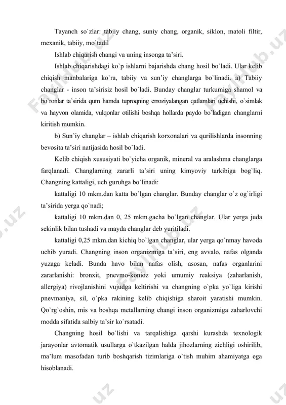 salbiy oqibatlarga ham sababchi bo`ladi. ular organizmning biologik qarshiligini pasaytiradi, yuqori nafas yo`llari qatori, sil, yurak-tomir tizim kasalliklari, rivojlanishiga imkon yaratib, bronxial asma, ekzema va boshqa kasalliklarga duchor qiladi. ishlab chiqarishda zaharlanishning inson organizmiga ta’siri. ishlab chiqarishda zaharlanish inson organizmiga, nafas yo`llari, me’da ichak yo`llari, teri qoplamalariga, terining shikastlangan qismi orqali o`tadi. zaharlanishning ko`p turlari nafas olganda gaz, bug`, tumanli aerozollarni yutish natijasida yuzaga kelib, bir xil zaharlar bilan surunkali yoki o`tkir zaharlanishda organizm turlicha shikastlanadi. bunda o`pka to`qimasi sathining kattaligi, zaharning qonga tez tushishi va havodan nafas olganda turli organlar va tizimlarga o`tish yo`lida qo`shimcha to`siqlarsiz yutilishi sabab bo`ladi. ayrim zaharli moddalar o`pkadan arterial qonga o`tib, so`ng boshqa organlar va to`qimalarga tashiladi hamda tez reaksiyaga kirishadigan deb nomlanuvchi bu moddalar, qisqa vaqt ichida butun organizmga tarqaladi. sekin reaksiyaga kirishadigan zaharli moddalar arterial qon to`qimalaridan bir muncha sekinlik bilan o`tib, ulaning arterial qondagi miqdori venadagiga nisbatan yuqori bo`lib turadi. to`qimalar …