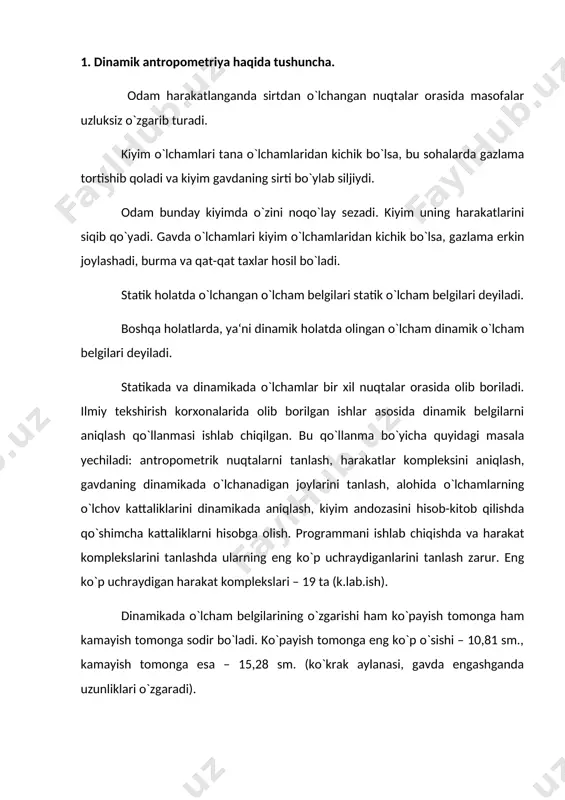 ssalarning oqilona tuzilgan razmerli sistemasi tipologiya deyiladi. razmerlar tipologiyasini oqiloka tuzish vazifasi mumkin qadar kamroq, jussalar tipiga tanlab kiyim razmerlarining aholi ko`plab qanoatlantirishiga erishishdan iborat. o`lcham o`lchash turlarini qurishning asosiy belgilari. kiyim-kechakni ommaviy ishlab chiqarish asosan korxonalarda tayyorlash ko`zda tutiladi. kiyim-kechakni ommaviy ishlab chiqarishning asosiy xususiyati, kiyim nostandart o`lchamdagi qaddi-qomatga cheklangan miqdorda tikiladi va turli xil gavda tuzilishidagi iste‘molchilarining foydalanishidir. bunda kiyim iste‘molchiga yaxshi o`tirish va qaddi-qomatga mos kelishi lozim. bu o`z navbatida o`lcham turlarini yaratish zaruriyatini bildiradi. bu eng kam sonli namunaviy qaddi-qomatga tikilgan kiyim eng ko`p miqdordagi talabni qondirsin. o`lcham tushunchasi deganda, ommaviy ishlab chiqarishda kiyim tayyorlash uchun tabiatli namunaviy qaddi-qomatni ajratish tushuniladi. aholini o`lcham turlarini qurishning asosiy tamoyillari. o`lcham turlarini va antropometrik standartlar ko`rish bir necha bosqichlarga bo`linadi: 1. yetakchi o`lcham birliklarini tanlash. 2. yetakchi o`lcham birliklari orasidagi intervallarni belgilash. 3. namunaviy qaddi-qomat sonini aniqlash. 4. berilgan qiymatlar va yetakchi belgilar bo`yicha barcha bo`ysunuvchi o`lcham belgilarini aniqlash. …
