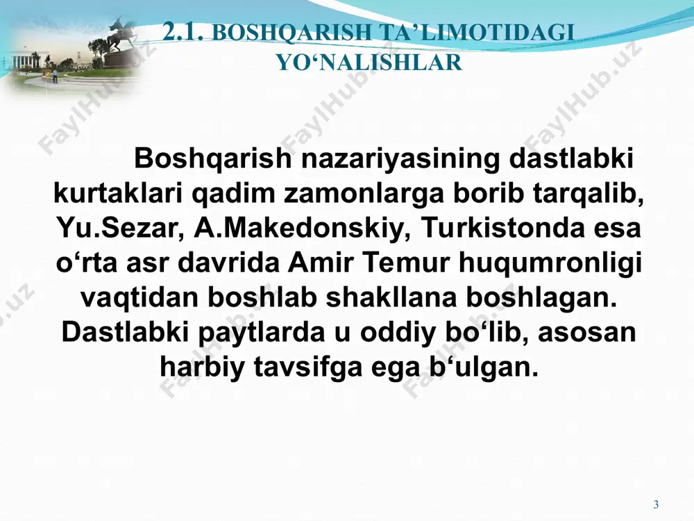 f.teylor (1856-1915) turgan edi. uning nazariyasi keyinchalik “teylorizm” degan nom olgan.u yaratgan tizim esa ishchilarning “siqib suvini olish” ning tizimi deb atalgan. * * f.teylor ta’limotining asosiy mazmuni - yollanma ishchilar unumdorligini oshirishda g‘oyatda maqbul usullarni izlashdir. * mehnatning har bir jarayoni, uning ko‘lami va ketma-ketligi aniq puxta ixtisoslashtirilishi shart; har bir mehnat turi qat’iy vaqt oralig‘ida taqsimlanishi lozim; har bir mehnar jarayoni va hatto har bir harakat puxta ishlab chiqilgan qoidalarga bo‘ysundirilgan bo‘lishi kerak; yuqoridan belgilab berilgan ish usullari va qoidalarni bajarish uchun doimiy talabchan nazorat amalga oshirilishi lozim; ishchilar malakasi va saviyasiga qarab joy-joyiga qo‘yilishi shart; boshqaruvchi bilan boshqariluvchi ma’suliyatini aniq belgilish va vazifalarini to‘g‘ri taqsimlash shart. * * f.teylorning mehnatni tashkil etish va uni boshqarish borasidagi takliflari ishlab chiqarishga tadbiq etilganda mehnat unumdorligi ikki baravarga o‘sishiga olib kelgan. f teylor nazariyasiga ko‘ra rahbar va mutaxassilarni kam malaka talab qiladigan ijrochilik mehnatidan va ularga xos bo‘lmagan vazifalardan ozod …