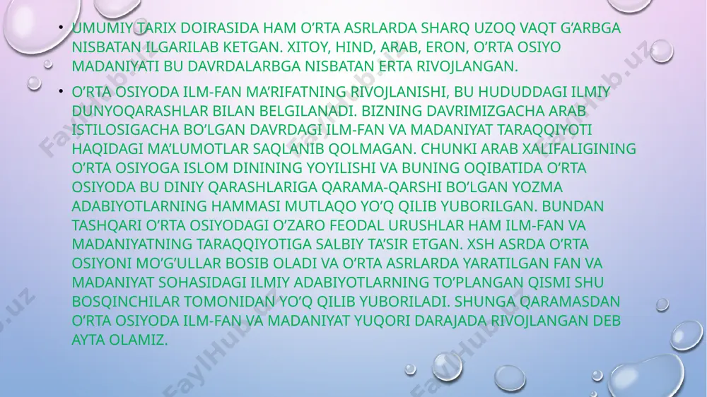 qida to’xtalib o’tadi. bu illatlarga qarama-qarshi oqil odamlar haqida o’z fikrini bayon qiladi. beruniyning fikricha oqil odamlarning taraqqiyoti va uning ruhiyatining rivojlanishi hech bir to’siqlarsiz ijobiy rivojlanishga ega bo’ladi deb tushuniladi. beruniy psixologiya sohasida aniq bir asar yozmagan bo’lsa ham, farobiy ta’limoti ta’sirida inson shaxsining kamoloti, uning aql-idroki, ruhiy taraqqiyoti haqidagi o’zining psixologik va pedagogik qarashlarini hamma asarlarda to’liq bayon qiladi. masalan: «mineralogiya», «hindiston», hislar bilan seziladigan va aql bilan bilinadigan bir qator kitobning tarjimasi-degan kitob va risolalarida o’zining ruh haqidagi qarashlari, ruhiyatning ba’zi muhim masalalarini bilish va tafakkur jarayonlari haqida juda ko’p, g’oyat qimmatli fikr-mulohazalar mavjud. beruniy olamni ob’ektiv reallik, inson irodasidan tashqarida mustaqil ravishda mavjud bo’lgan borliq sifatida qaraydi. beruniy kishi ongi. tafakkuri va ruhiyatini moddiy jismdan keltirib chiqargan holda tasavvur etadi. beruniy abu ali ibn sino bilan bo’lgan munozaralarida barcha narsalarning asosida 5 ta element, ya’ni suv, olov, havo er, bo’shliq yotishini hamda dunyoni bilish jarayonida bilimlarimizning …
