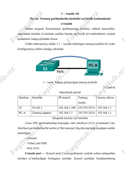 tarmoq qurilmalarida dastlabki xavfsizlik sozlamalarini o’rnatish — DOCX