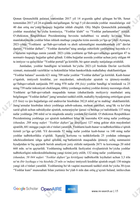hkiloti bosh assambleyasining 72-sessiyasidagi nutqida bugungi kunda yer yuzida 2 milliard aholi 30 yoshga to`lmagan yoshlardan iboratligini alohida takilab o`tdilar hamda bmt ning yoshlar huquqlari to`g`risida kanvansiyasini ishlab chiqish haqidagi taklifini aytib o`tdilar. bunga qadar o`zbekiston respublikasi shavkat miromonovich mirziyoyev tomonidan “o`zbekiston respublikasi yoshlari kunini belgilash to`g`risida”gi qonun hujjati imzolandi. qonun qonunchilik palatasi tomonidan 2017 yil 14 avgustda qabul qilingan bo‘lib, senat tomonidan 2017 yil 24 avgustda ma'qullangan. so‘ngi 5 yil davomida yoshlar masalalariga oid 40 dan ortiq me’yoriy-huquqiy hujjatlar ishlab chiqildi. oliy majlis qonunchilik palatasida yoshlar masalalari bo‘yicha komissiya, “yoshlar klubi” va “yoshlar parlamentlari” tuzildi. o‘zbekiston respublikasi prezidentining bevosita tashabbusi va amaliy ko‘magi bilan mamlakatimizda yoshlar bilan ishlash mutlaqo yangicha tizim asosida yo‘lga qo‘yildi. ayniqsa, 2021-yilda “yoshlarni qo‘llab-quvvatlash va aholi salomatligini mustahkamlash yili” davlat dasturi, “yoshlar daftari”, “yoshlar dasturlari”ning amalga oshirilishi yoshlarning hayotda o‘z o‘rinlarini topishiga zamin yaratdi. 2021-yilda yoshlarni qo‘llab-quvvatlashga qaratilgan 47 ta normativ-huquqiy hujjatlar qabul qilindi. ushbu …