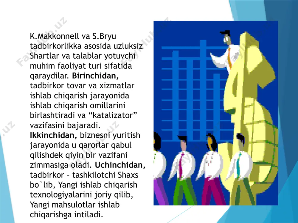 ka tartibdagi tadbirkorlik shaxsiy mulkka asoslanadi, ishlab chiqarishni tashkil qilish o`zi yoki oila a’zolari mehnati asosida amalga oshiriladi. turli mamlakatlarda davlat korxonalarining huquqiy maqomi turli-tumanligi bilan ancha farqlanadi. hatto biron bir mamlakatda barcha davlat korxonalari faoliyatini tartibga soluvchi yagona qonuniy hujjat mavjud emas. yuqorida ko`rib o`tilgan sharoitlar asosida davlat korxonalarini uchta guruhga bo`lish mumkin: byudjet korxonalari; davlat ishlab chiqarish korxonalari; aralash kompaniyalar. huquqiy va xo`jalik mustaqilligiga ega bo`lmagan korxonalar byudjet korxonalariga kiradi. o`zlarining holati bo`yicha ular davlatning ma’muriy-boshqarish tizimiga kiradi va biron-bir vazirlik, mahkama yoki mahalliy o`zini-o`zi boshqarish organlariga bevosita bo`ysunadi yoki ularning tarkibiy qismi hisoblanadi. ular olgan foydasidan soliq to`lamaydi. barcha daromad va xarajatlar davlat byudjeti orqali o`tadi. davlat ishlab chiqarish korxonalari – bu korxonalarning ancha keng tarqalgan tashkiliy, huquqiy shaklidir. ular alohidalashgan mol-mulkka ega bo`lib, xo`jalik faoliyati bilan birga davlat tomonidan belgilangan doirada boshqarish va tartibga solish vazifalarini ham bajaradi, ya’ni davlat korporatsiyalari o`zida tijorat korxonalari va davlat …