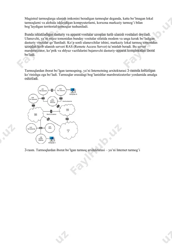 an ko’rinishga ega bo’ladi. tarmoqlar orasidagi bog’lanishlar marshrutizatorlar yordamida amalga oshiriladi. 3-rasm. tarmoqlardan iborat bo’lgan tarmoq arxitekturasi – ya’ni internet tarmog’i