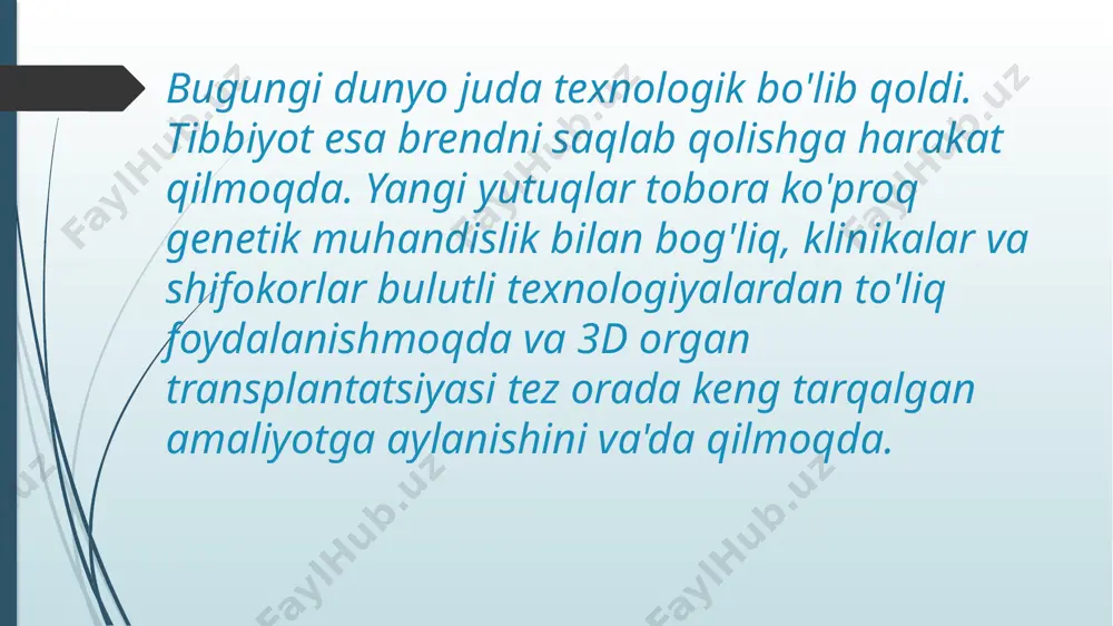 'zoynaklar beriladi. tizim sizga to'liq rasmni idrok etish, ob'ektlarning ranglari va konturlarini ajratish imkonini beradi. bugungi kunda 8000 dan ortiq odam bunday operatsiya uchun navbatda turibdi. 3d printerlar yordamida organlar va to'qimalar 3d bioprinting: organlar va to'qimalar printer yordamida chop etiladi. oxirgi 2 yil ichida olimlar amalda erisha oldilar 3d printerlar yordamida organlar va to'qimalarni yaratish va ularni bemorning tanasiga muvaffaqiyatli implantatsiya qiling. zamonaviy tibbiy texnologiyalar qo'l va oyoqlarni, umurtqa pog'onasi qismlarini, quloqlarni, burunlarni protezlash imkonini beradi. ichki organlar va hatto to'qima hujayralari. 2014-yil bahorida utrext universiteti tibbiyot markazi shifokorlari (gollandiya) tibbiyot tarixidagi birinchi 3d-printerda bosh suyagini ko‘chirib o‘tkazish operatsiyasini muvaffaqiyatli amalga oshirdilar. tibbiyot bir joyda turmaydi va katta qadamlar bilan oldinga siljiydi. har yili yangi samarali ishlanmalar mavjud. robot hamshira siz buni bilmasligingiz mumkin, lekin juda ko'p hamshiralar jarohat olishadi, chunki ular operatsiyadan keyin yoki yiqilib ketishdan keyin bemorlarni ko'tarishlari. bu juda keng tarqalgan muammo bo'lib, bemorni ko'tarish uchun …