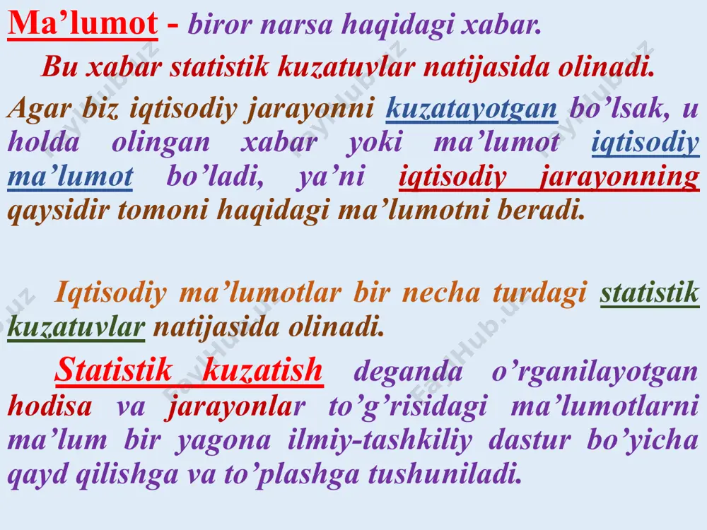 rammalar hisoblanadi. diagrammalar chiziqli, ustun (yoki lenta) shaklli diagrammalar, sektorli, tasvirli ko’rinishlarda bo’ladi. chiziqli diagrammalar keng tarqalgan bo’lib, ular yordamida dinamika qatorlari ko’rsatkichlari, hodisalar orasidagi bog’lanishlar, taqsimot qatorlari ko’rsatkichlari va shu kabilar tasvirlanadi. ular koordinat maydoni yoki raqamli setka asosida tuziladi. quyidagi ma’lumotlarni chiziqli diagramma shaklida ifodalaylik. yillar 2015 2016 2017 2018 2019 2020 improt miqdori, ming t. 1728 1622 1505 1732 1656 1623 yillar 1 2 3 4 5 6 improt miqdori, ming t. 1,73 1,62 1,51 1,73 1,66 1,62 2015-2020 yillarda import qilingan tovar maxsulotlarining hajmi(ming tonna hisobida) chiziqli diagrammada bir nechta hodisa dinamikasini ham tasvirlash mumkin. bunday holda siniq chiziqlar har xil ranglar bilan yoki bir-biridan ajralib turadigan ko’rinishda chizilishi kerak. iqtisodiyotda omillar va ularning turlari iqtisodiy jarayonlarni o’rganish maqsadida statistik kuzatishlar natijasida olingan ma’lumotlar jarayonning ma’lum bir tomonini (qirrasini) ifodalovchi belgilar bo’lib, ular jarayonlarning o’zgarishida natijaviy va ta’sir etuvchi omillarga bo’linadi. bir belgining o’zgarishi natijasida ikkinchi …
