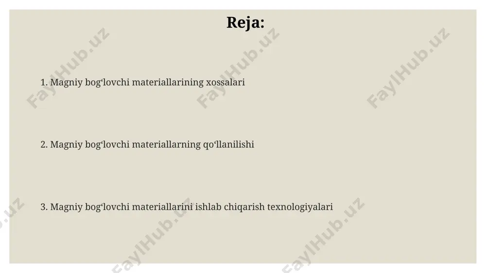 ovchilarining qattiqlashuv vaqtini 1-5 soat oralig'ida tartibga solish mumkin, bu esa qurilish jarayonini tezlashtirish va samaradorlikni oshirish imkonini beradi. magniy bog'lovchi materiallar ishlab chiqarish texnologiyasi magniy oksidi asosidagi bog'lovchi materiallarni ishlab chiqarishda 1200°c dan yuqori haroratlarda kalsiyalash jarayoni muhim ahamiyatga ega bo'lib, mahsulotning mustahkamligi va issiqlikka chidamliligini oshiradi. magniy silikat bog'lovchi materiallarni ishlab chiqarishda, 800-1000°c oralig'ida termal ishlov berish jarayoni kristallanish darajasini va shu bilan birga mahsulotning mexanik xususiyatlarini aniqlaydi. suvli magnit gidroksidi suspenziyasidan magnit gidroksidli bog'lovchi materiallarni olishda, 5-10% gacha bo'lgan qo'shimchalar (masalan, polimerlar) suspenziyaning reologik xususiyatlarini yaxshilaydi va mustahkamlikni oshiradi. magniy bog'lovchi materiallar bozorining tahlili magniy bog'lovchi materiallar bozorining yillik o'sishi taxminan 5-7% ni tashkil etib, 2025 yilga kelib 10 milliard aqsh dollariga yetishi kutilmoqda. magniy oksidi asosidagi bog'lovchi materiallar bozorining 60% dan ortig'ini xitoy, yaponiya va aqsh mamlakatlari egallaydi. sementga alternativa sifatida magniy bog'lovchi materiallarga bo'lgan talabning oshishi ekologik toza qurilish texnologiyalarining rivojlanishi bilan bog'liq. magniy bog'lovchi …