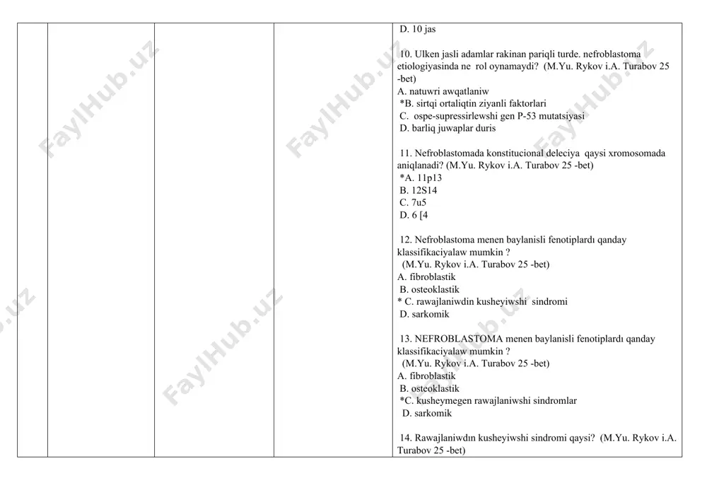 v i.a. turabov p.25) a. gepatomegaliya. makroglossiya. glomerulopatiya b. splenomegaliya. aqiliy zayipliq c. pedjet sindromi *d. visceromegaliya. makroglossiya. glomerulopatiya. gemigipertrofiya ham aqiliy zayipliq 16. kusheymegen rawajlaniw sindromı degenimiz ne? a. visceromegaliya. makroglossiya. glomerulopatiya. gemigipertrofiya ham aqiliy zayipliq b. splenomegaliya. makroglossiya. glomerulopatiya c. pedjet sindromi *d. izolyatsiya qilingan aniridiya menen yaki onin sidik jinisiy sfera malformatsiyasi menen. sondayaq erkek psevdo-germafroditizm ham nefropatiya (denys-drash sindromi) trisomiya 18 benen kombinatsiyasi 17. nefroblastomanin birinshi. biraq erte emes klinik belgisi qaysi? (25 -bet) *a. qarinda palpatsiyada seziletugin ospe. tegic. bazida kushli bo’leklengen. tigiz awiriwsiz. ortasha hareketshen b. palpatsiya waqtinda kishi tuyinli. tigiz o’spe c. sidik shig’ariw ham akti defekti buziliwi d. barliq juwaplar duris 18. nefroblastoma qaysı kesellikler menen differentsial diagnostika qilinadi ? (26 p.) a. retinoblastoma b. osteosarkoma c. adneksit * d. gidronefroz 19. nefroblastoma rawajlaniwinin klinik klassifikaciyasında neshe basqish ajiratiladi? (26 -bet). a.2 b.3 c.4 * d.5 20. nefroblastoma rawajlaniwinin 1 –basqıshina tarip …