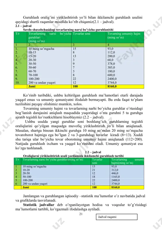 g’risidagi operativ ma’lumotdir. statistik svodkalash deganda to’plangan ma’lumotlarni ilmiy tekshirishdan ko’zlangan maqsad va vazifalar nuqtai-nazaridan qayta ishlash tushuniladi. statistik kuzatish ma’lumotlarni qayta ishlash va tahlil qilishning keng tarqalgan metodlaridan biri guruhlashdir. statistikada guruhlash deb to’plam birliklarini eng muhim belgilari bo’yicha bir xil guruh va guruhchalarga ajratib o’rganishga aytiladi. guruhlash metodi statistikada ko’p yillardan (xviii asr) beri qo’llanib kelinmoqda. bu metodni qo’llashdan maqsad, to’plam birliklarini qandaydir bo’laklarga bo’lish emas, balki faqat shu hodisaga xos xususiyatlarni ochib berish, undagi mavjud tendentsiya va qonuniyatni baholash, miqdor o’zgarishlardan sifat o’zgarishlarga, sifat o’zgarishlardan miqdor o’zgarishlarga o’tish jarayonlarini aniqlash va baholashdir. guruhlash metodi oldida o’rganilayotgan to’plam birliklarini tiplarga ajratish, hodisalar o’rtasidagi bog’lanishlarni va to’plam tuzilishini o’rganish vazifalari ham turadi. bu vazifalar guruhlashning uch (tipologik, analitik, tuzilmaviy) turidan foydalanish orqali hal qilinadi. masalan, aholining qaysi bir qismi mehnat resursi ekanligini aniqlash maqsadida ular quyidagi guruhlarga bo’lib o’rganiladi: 15 yoshgacha – ishga layoqatsiz kishilar 16 - 55 yosh …