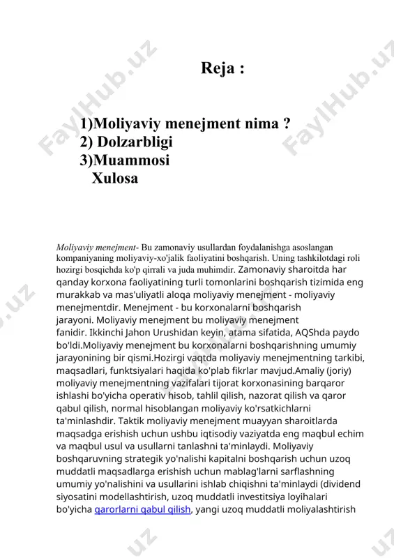 vojlantirishning qisqa muddatli va uzoq muddatli maqsadlari va joriy va kelajakdagi moliyaviy menejmentda qabul qilingan qarorlar o'rtasida maqbul balansni topishdir.moliyaviy menejmentning asosiy maqsadi joriy va kelajakdagi davrda korxona egalarining farovonligi o'sishini ta'minlashdir. ushbu maqsad korxona (korxona) ning bozor qiymatini oshirishda aniq ifodani oladi va uning egasining yakuniy moliyaviy manfaatlarini amalga oshiradi.boshqaruv yordamida hal qilingan vazifalar:- joriy;- strategik. qisqa vaqt ichida kompaniyaning raqobatdoshligining ko'rsatkichidir. kapitalning daromadliligi strategik ko'rsatkichdir. hozirgi vazifalar qatoriga bankrotlik va yirik moliyaviy tanazzullarga yo'l qo'ymaslik ham kiradi. barcha vazifalar bir-biri bilan chambarchas bog'liq va korxonaning moliyaviy siyosati doirasida hal qilinadi. xulosa moliyaviy menejment yoki moliyaviy resurslar va munosabatlarni boshqarish, iqtisodiy sub'ektning raqobatbardoshligini oshirish maqsadida moliya sohasida bozor mexanizmlarini tartibga solish printsiplari, usullari, shakllari va usullari tizimini qamrab oladi. kichik biznesda buxgalter yoki iqtisodchining malakasi moliyaviy menejment uchun etarli, chunki moliyaviy operatsiyalar odatdagi naqd pulsiz to'lovlardan nariga o'tmaydi, buning asosi naqd pul oqimi hisoblanadi. katta biznesning moliyaviy ahvoli bilan …