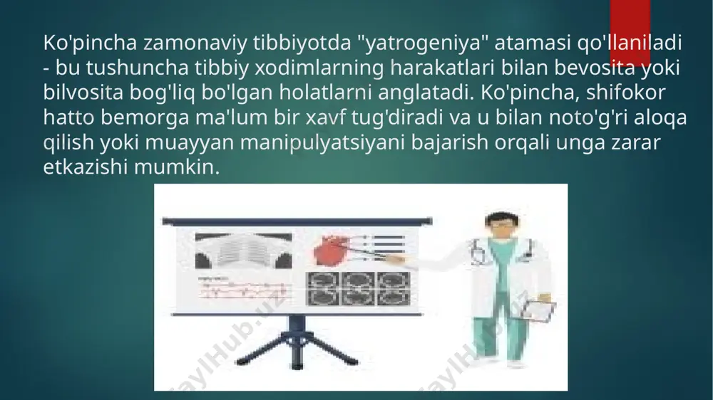 . dori-darmonli iatrogenizmning sabablari tez-tez nazoratsiz qabul qilinadigan holatlardir. shuning uchun qoidaga rioya qilish muhimdir: faqat mutaxassis dorilarni buyuradi. ko'p sonli dori-darmonlarni qabul qilish ham asossizdir, chunki ularning o'zaro ta'sir mexanizmi juda oz o'rganilgan, shuning uchun har xil yon reaktsiyalar mumkin. zamonaviy dunyoda biz informatsion yatrogeniya haqida gapirishimiz mumkin. mavjud ma'lumotlarning katta miqdori o'z-o'zini davolashning sabablaridan biri bo'lib, bu tuzatib bo'lmaydigan oqibatlarga olib kelishi mumkin. shuning uchun yatrogenik profilaktika sizning sog'lig'ingiz bilan bog'liq bo'lib, u ruxsat etilgan chegaralardan tashqariga chiqmaydi va aqidaparast emas. e’tiboringiz uchun rahmat image6.png image7.png image8.png image9.png image10.png image11.png image12.png image2.png image3.png image4.png image5.png /docprops/thumbnail.jpeg